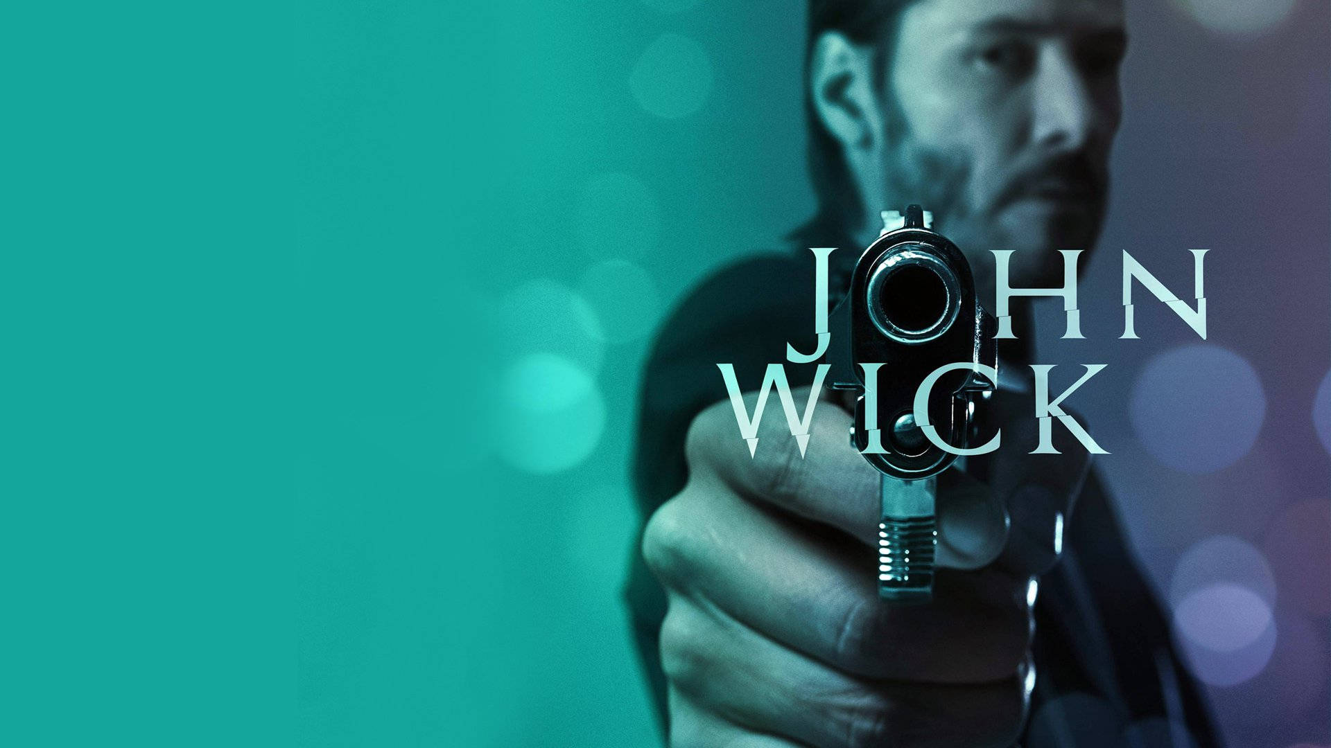 John Wick 桌布 壁紙 — 一個留鬍子的男人直接用手槍瞄準觀眾，背景是藍綠色和紫色的散景效果，並帶有「JOHN WICK」文字。