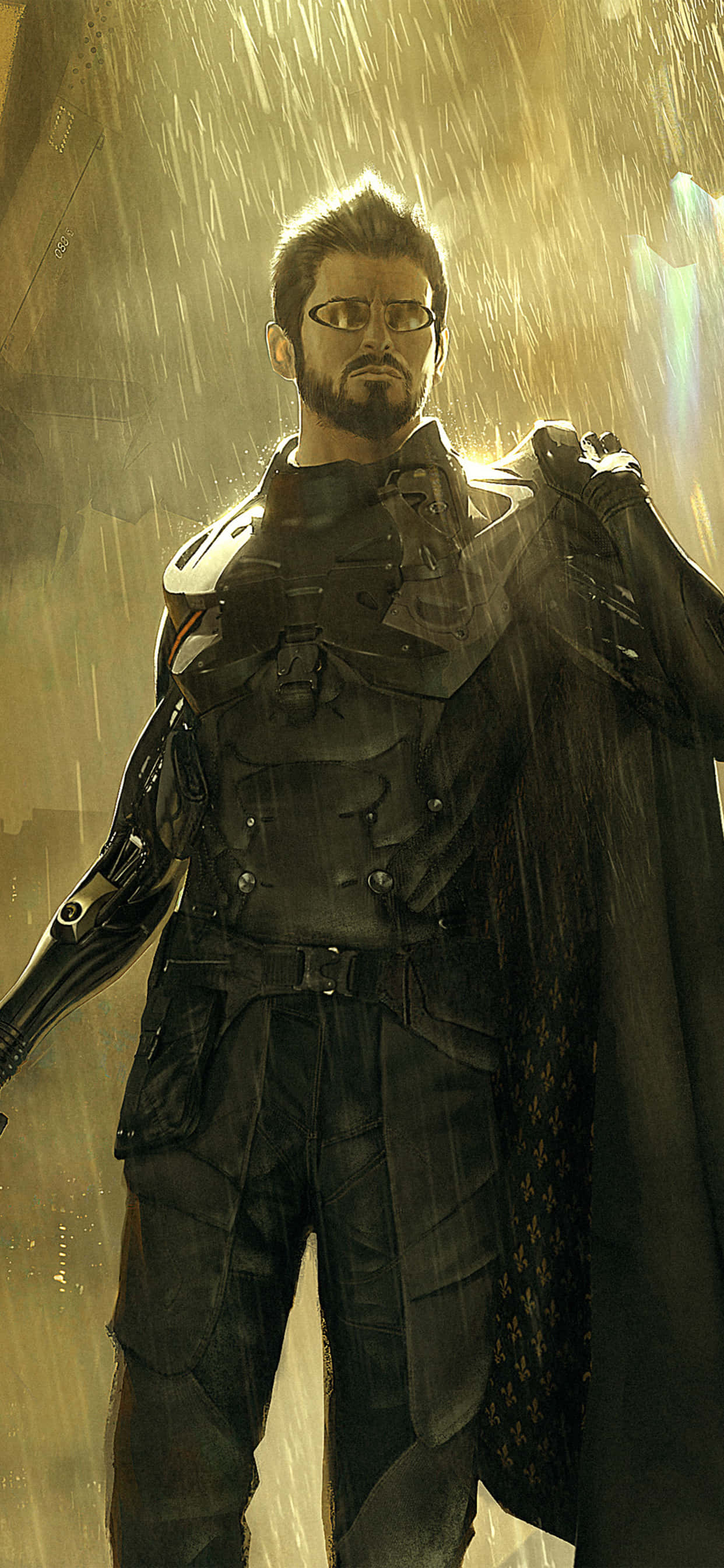 Android Deus Ex Mankind Divided 桌布 壁紙 — 一個留鬍子的男人穿著未來風格的盔甲，在金色暴雨中堅定站立，斗篷飄揚，眼鏡下的眼神沉穩。