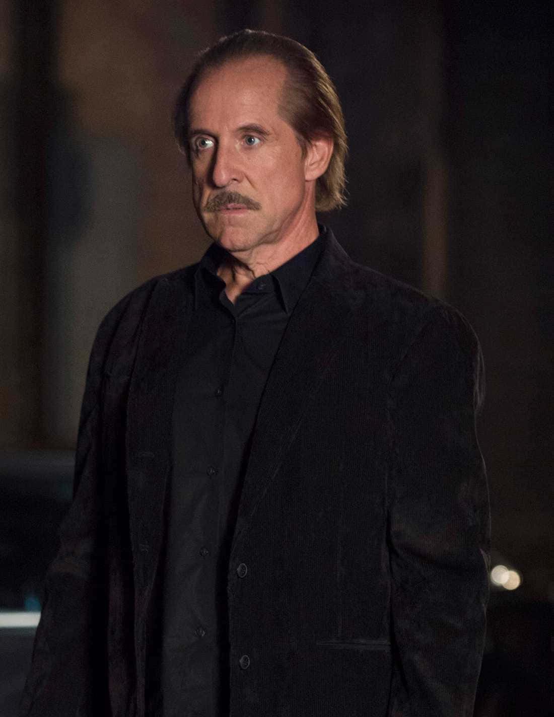 Peter Stormare 桌布 壁紙 — 一個留鬍子的男人穿著深色外套，站在昏暗的城市夜景中，身後有模糊的燈光。