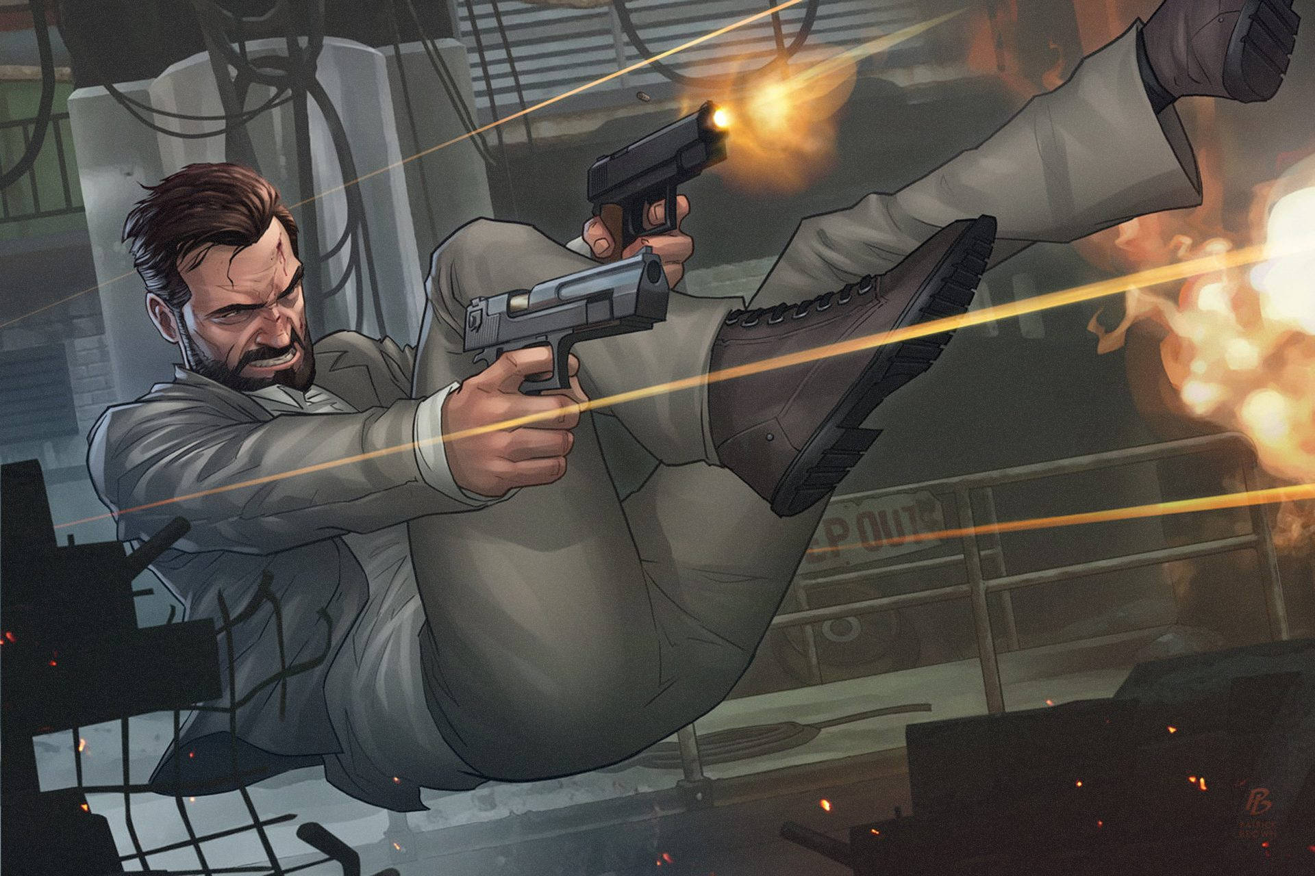 Max Payne 桌布 壁紙 — 一個留鬍子的男人穿著西裝，踢穿燃燒中的城市廢墟，同時發射兩把手槍，火花四濺。