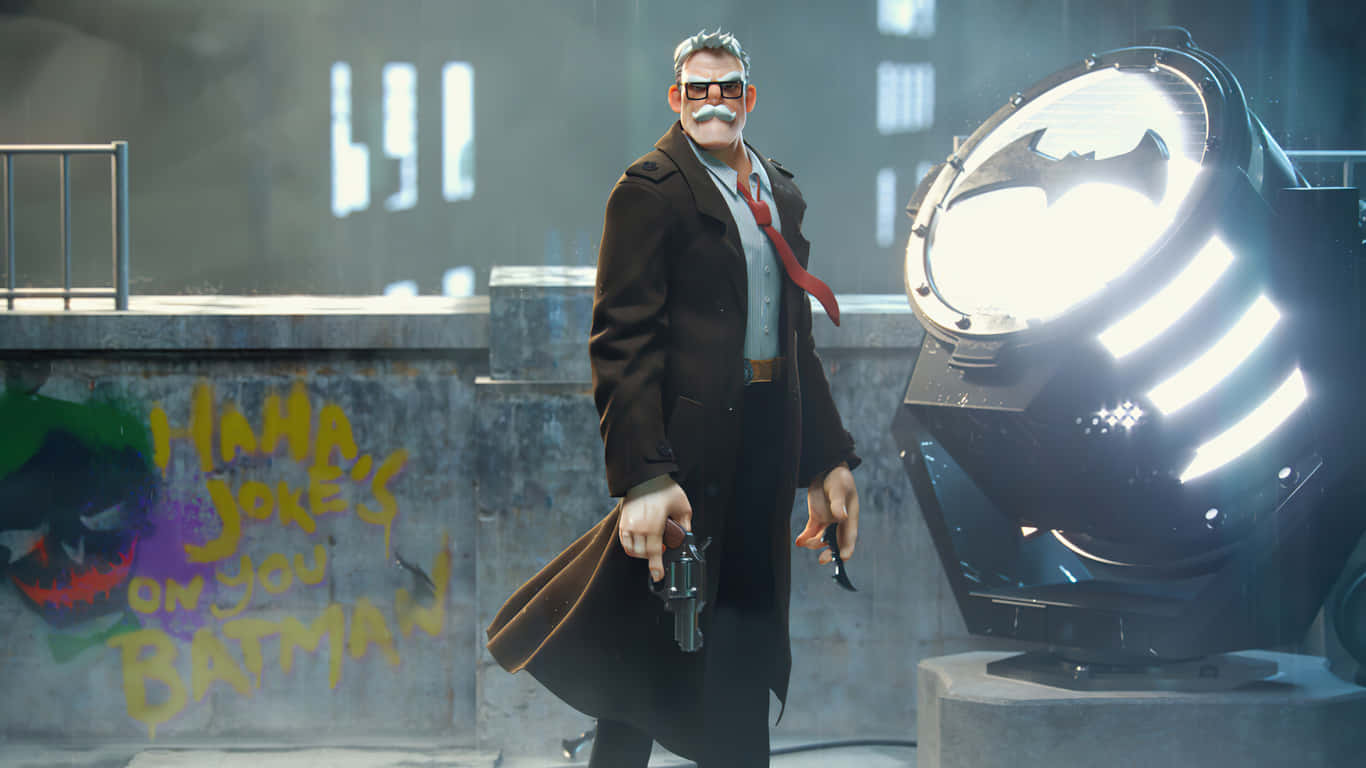 Commissioner Gordon 桌布 壁紙 — 一個留鬍子的男人穿著風衣，在一個發光的蝙蝠俠聚光燈旁邊拿著槍，混凝土牆上有塗鴉寫著「Haha Jokes on You Batman」。