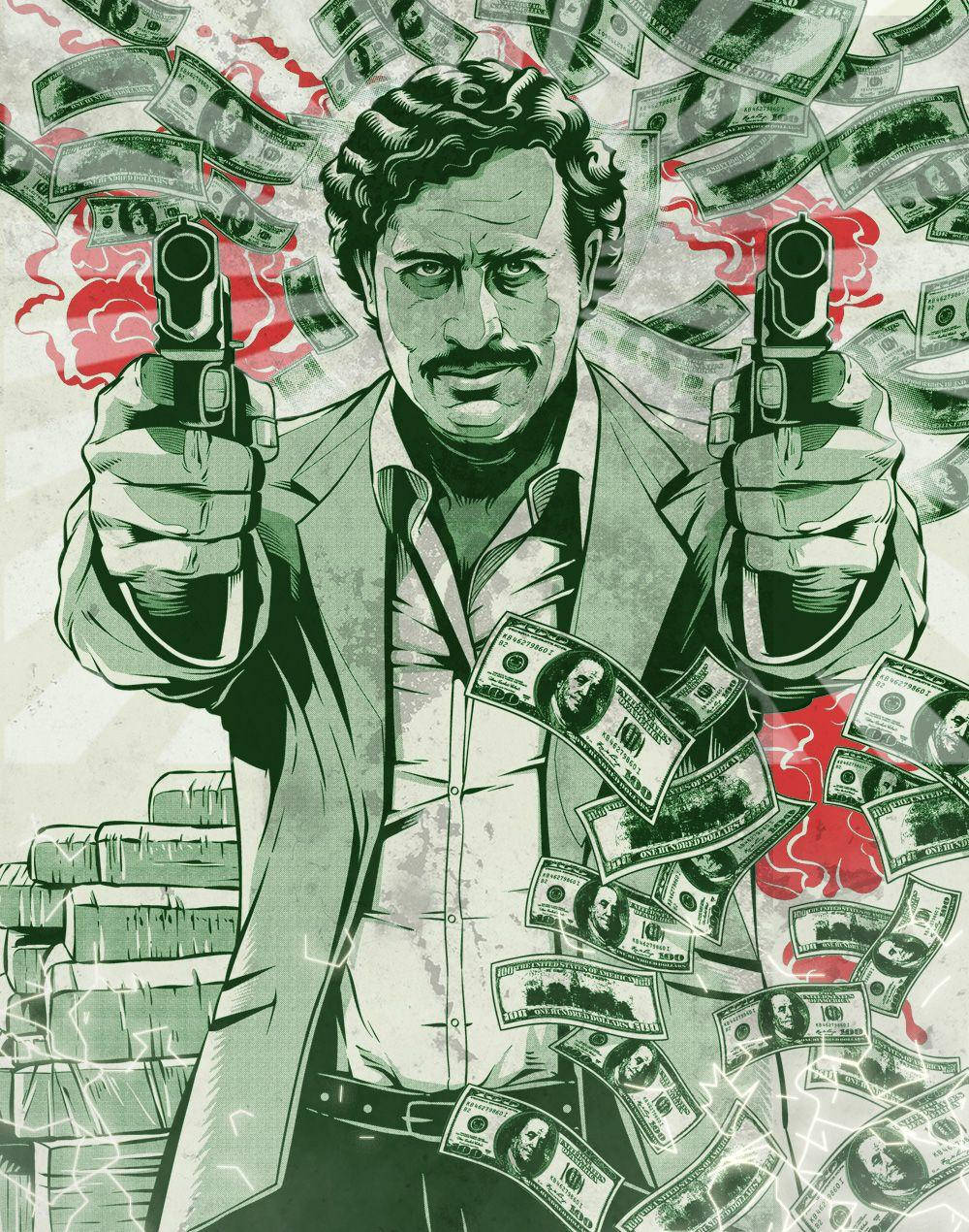 Pablo 桌布 壁紙 — 一個留鬍子的粗獷插畫男人手持兩把手槍，金錢在他周圍如雨般落下，背景為紅色和綠色。
