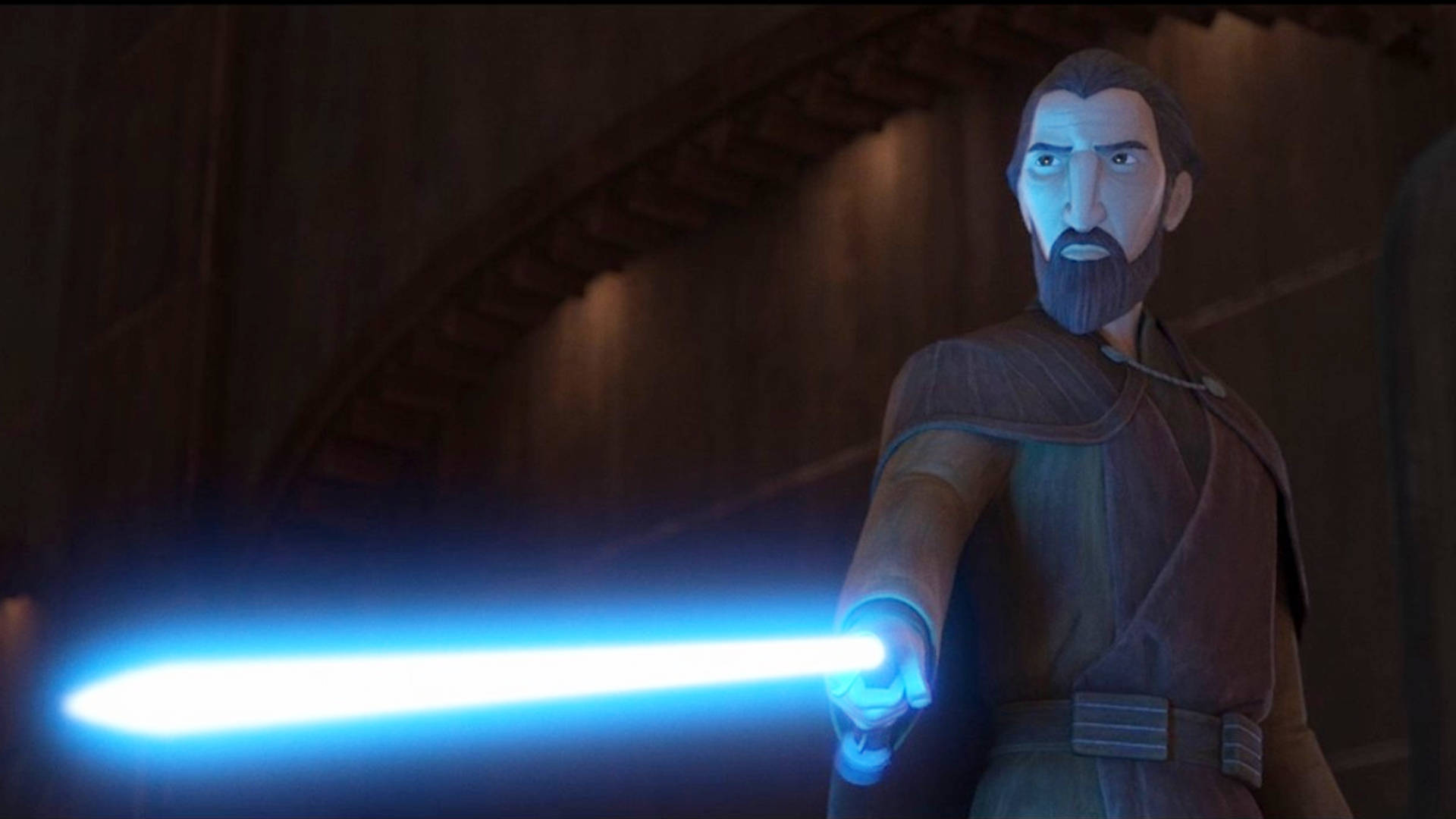 Jedi 桌布 壁紙 — 一個留鬍子的絕地武士在昏暗的石頭走廊中手持發光的藍色光劍。
