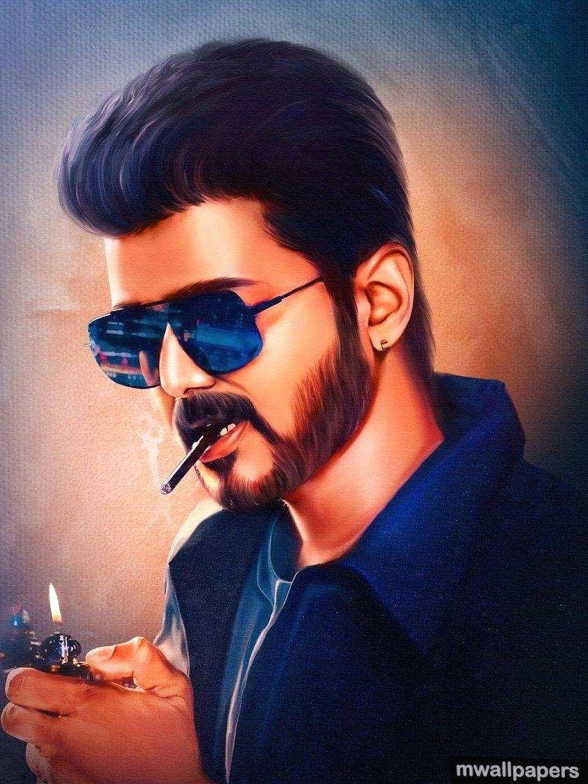 vijay HD 桌布 壁紙 — 一個留鬍鬚、戴太陽眼鏡的男人，在溫暖的漸變背景前，手持點燃的打火機吸煙。