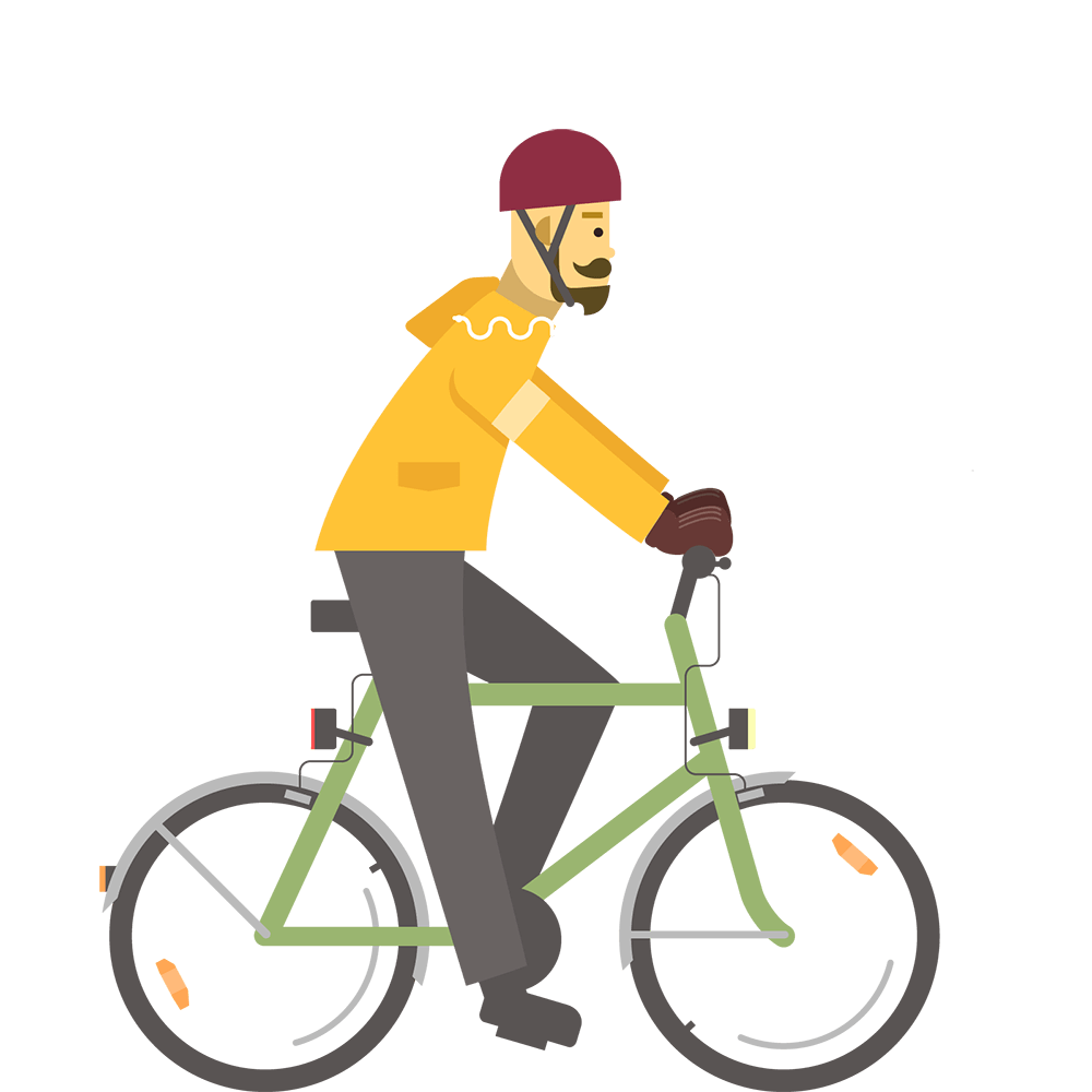 騎自行車 桌布 壁紙 — 一個留鬍鬚、戴紅色頭盔的男人，在黑色背景上以平面向量風格騎著綠色腳踏車。