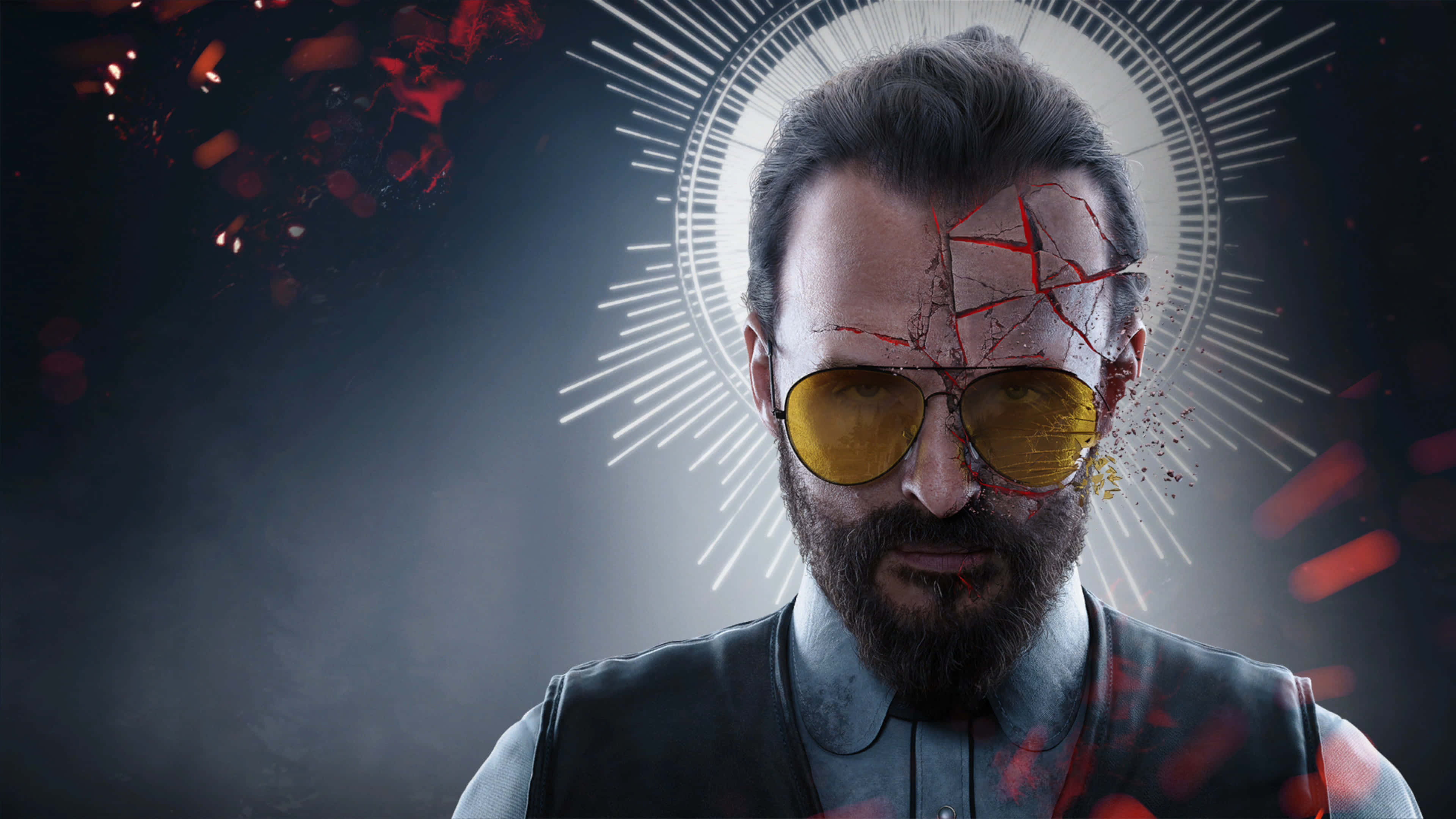Far Cry 桌布 壁紙 — 一個留鬍鬚、戴黃色太陽眼鏡的男人，臉部破裂，有紅色飛濺，身後有發光的光環。