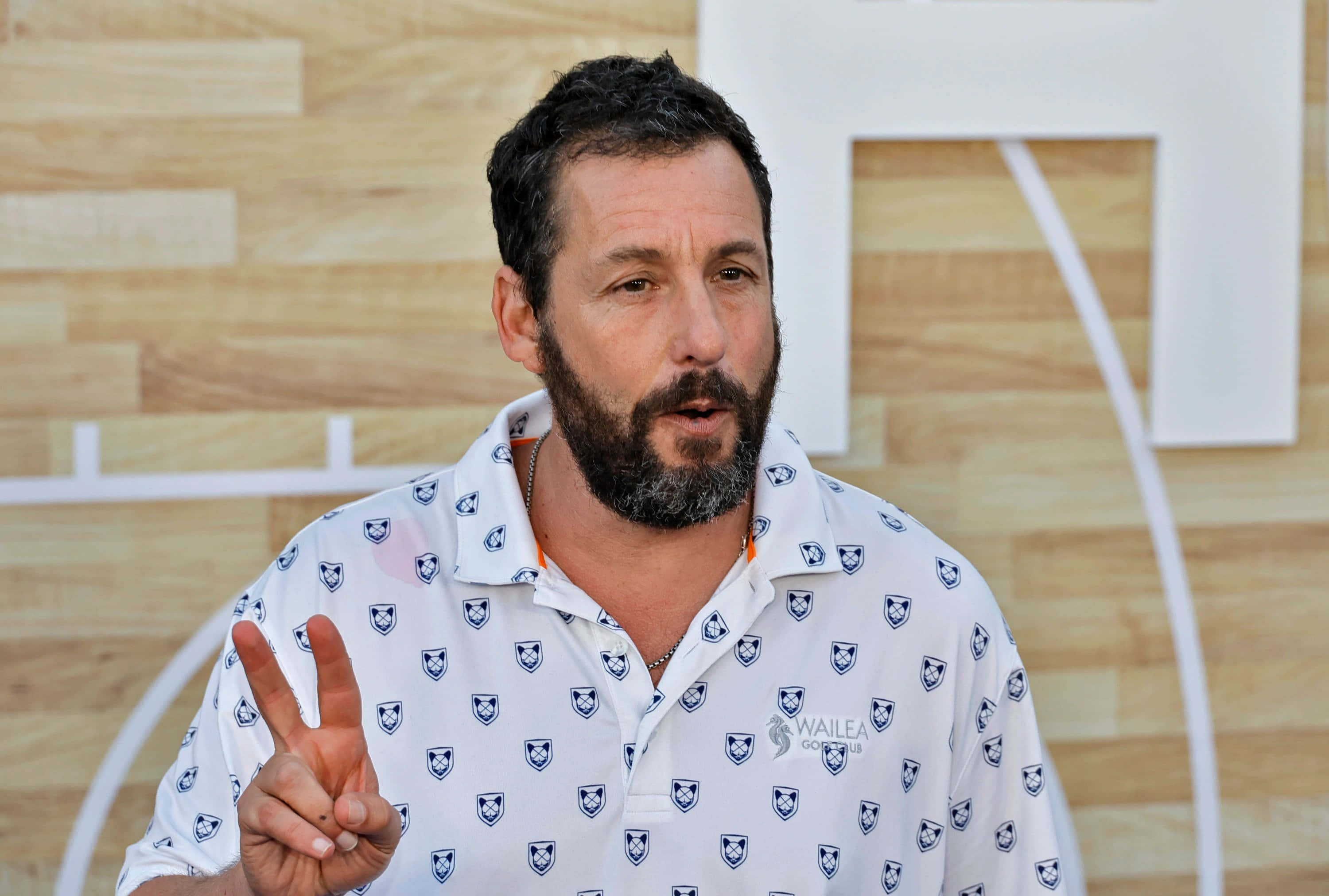 Adam Sandler 桌布 壁紙 — 一個留鬍鬚、身穿圖案襯衫的男人，在有白色幾何形狀的木牆前面做出和平手勢。