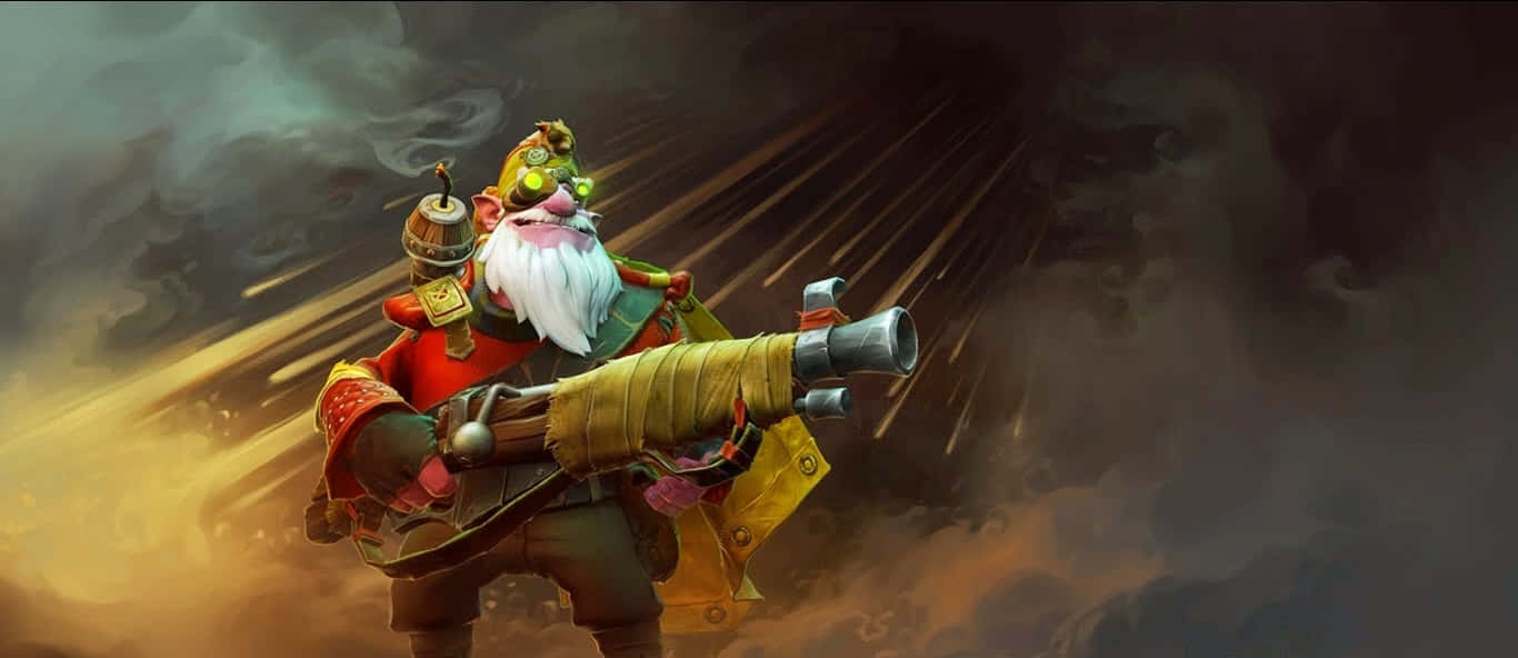Dota 2 Sniper 桌布 壁紙 — 一個留鬍鬚、身穿紅色外套的侏儒，在帶有金色光線的暴風雨天空下發射一門大砲。