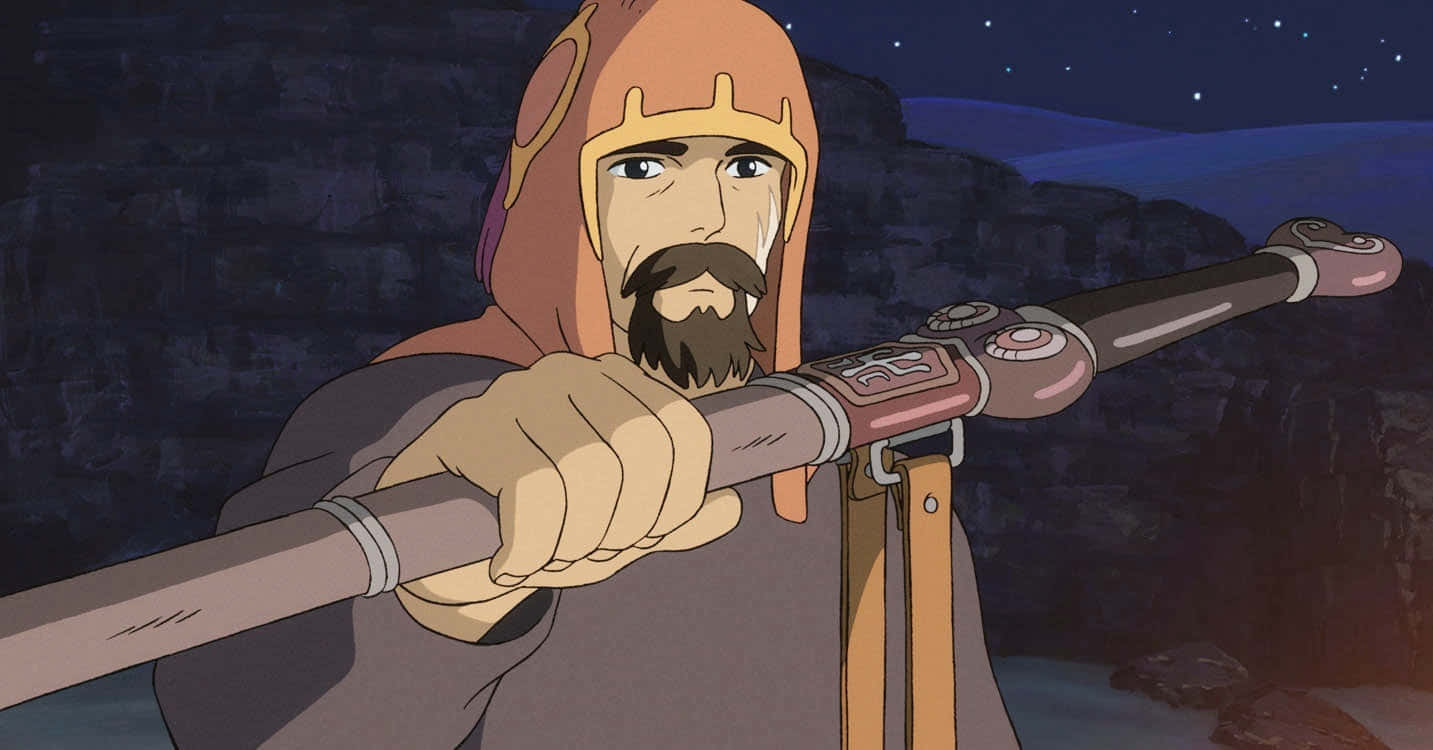 Tales From Earthsea 桌布 壁紙 — 一個留鬍鬚的動漫戰士穿著連帽斗篷，在星空下握著步槍，背景是黑暗的懸崖。