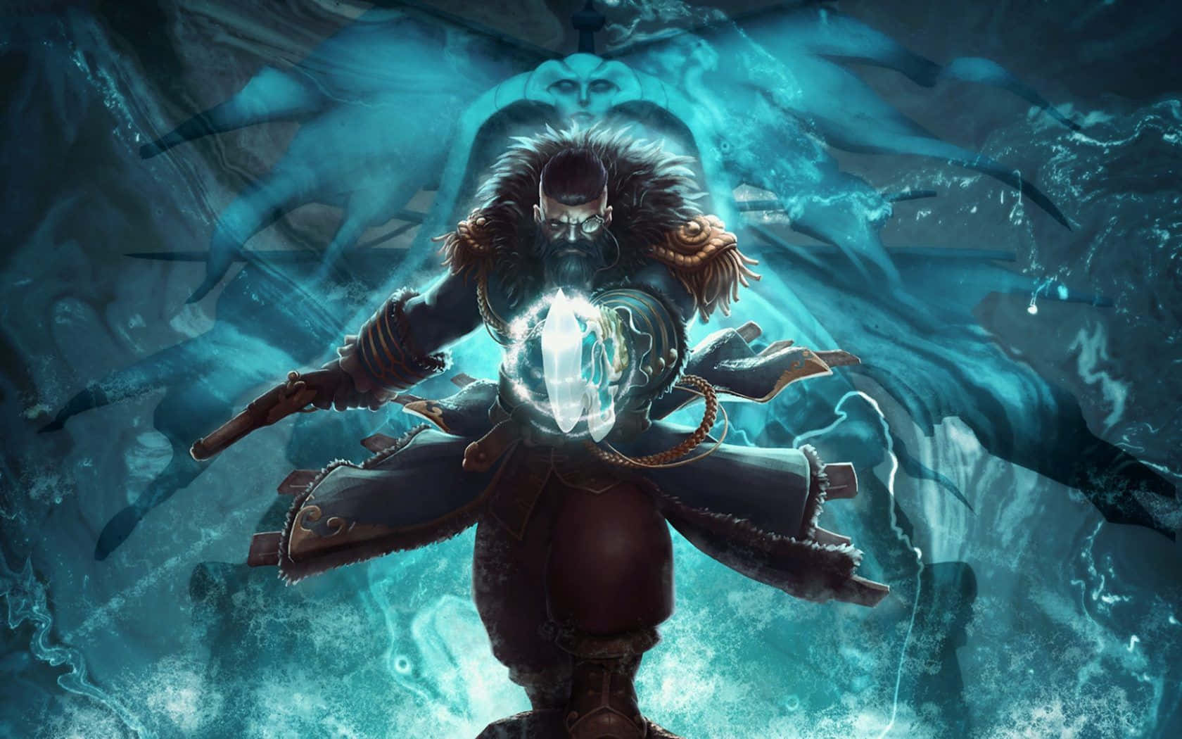HD Dota 2 桌布 壁紙 — 一個留鬍鬚的戰士身穿暗色盔甲，挑釁地站立著，手持一個發光球體，周圍環繞著旋轉的藍色能量和鬼影。