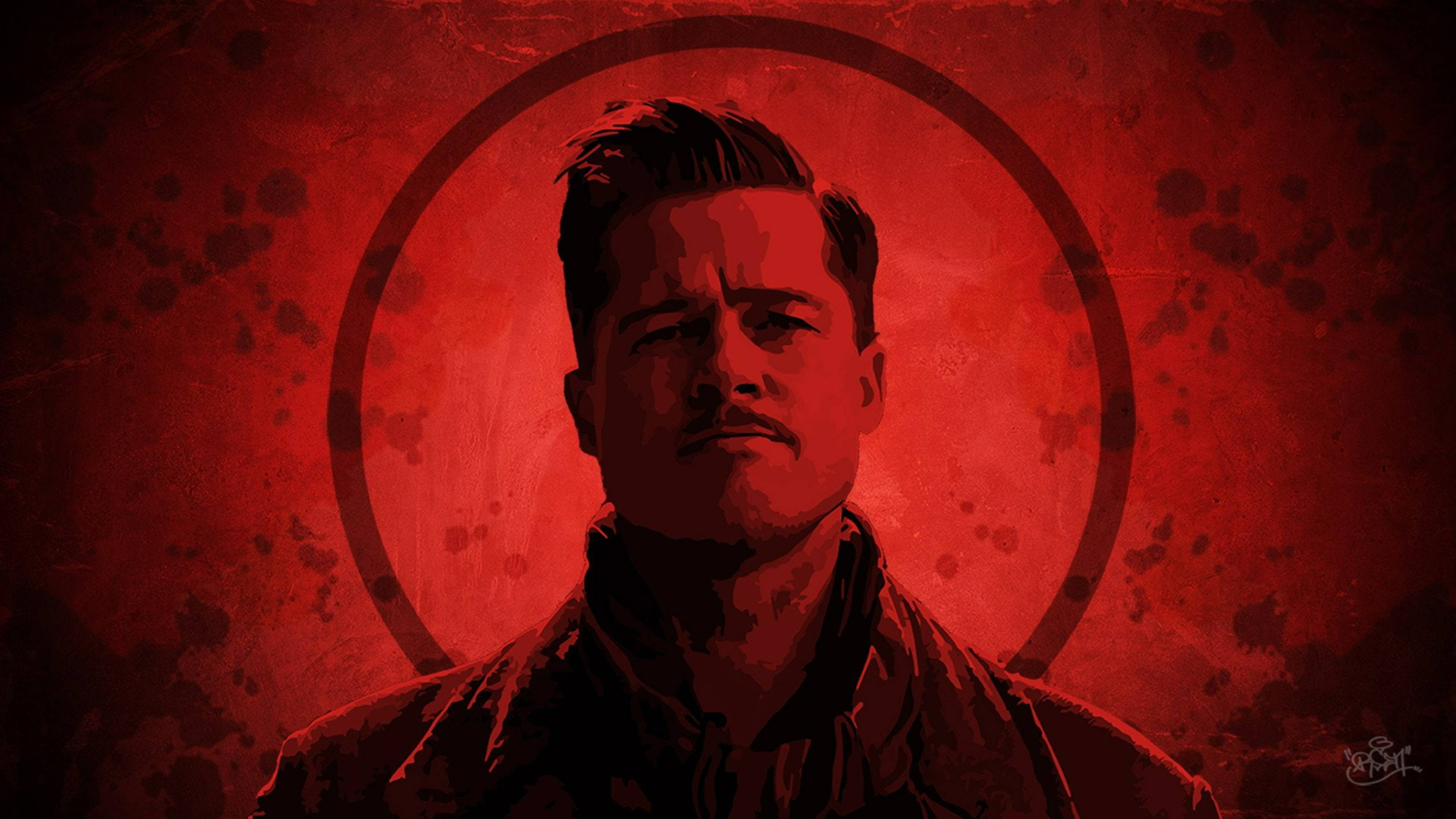 Inglourious Basterds 桌布 壁紙 — 一個留鬍鬚的男人，在帶有圓形光環的紋理紅色背景前凝視。