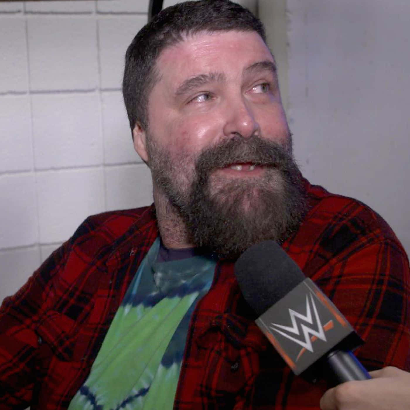 WWE 桌布 壁紙 — 一個留鬍鬚的男人，身穿紅色格紋襯衫，對著WWE麥克風講話，背景是白色磁磚牆。
