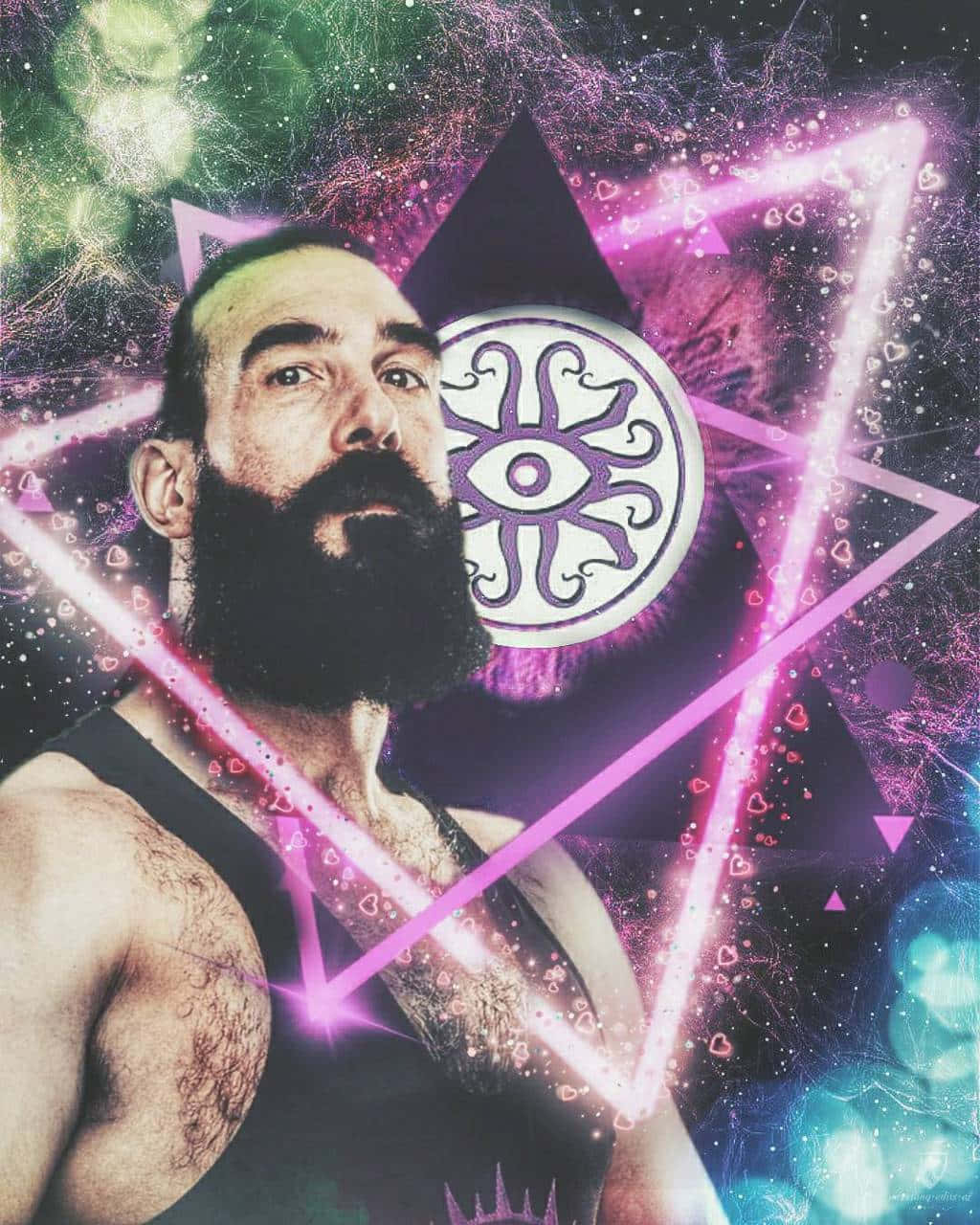 高解析度 桌布 壁紙 — 一個留鬍鬚的男人向前凝視，周圍是發光的粉紅色霓虹三角形和宇宙漩渦，背後有一個眼睛符號。