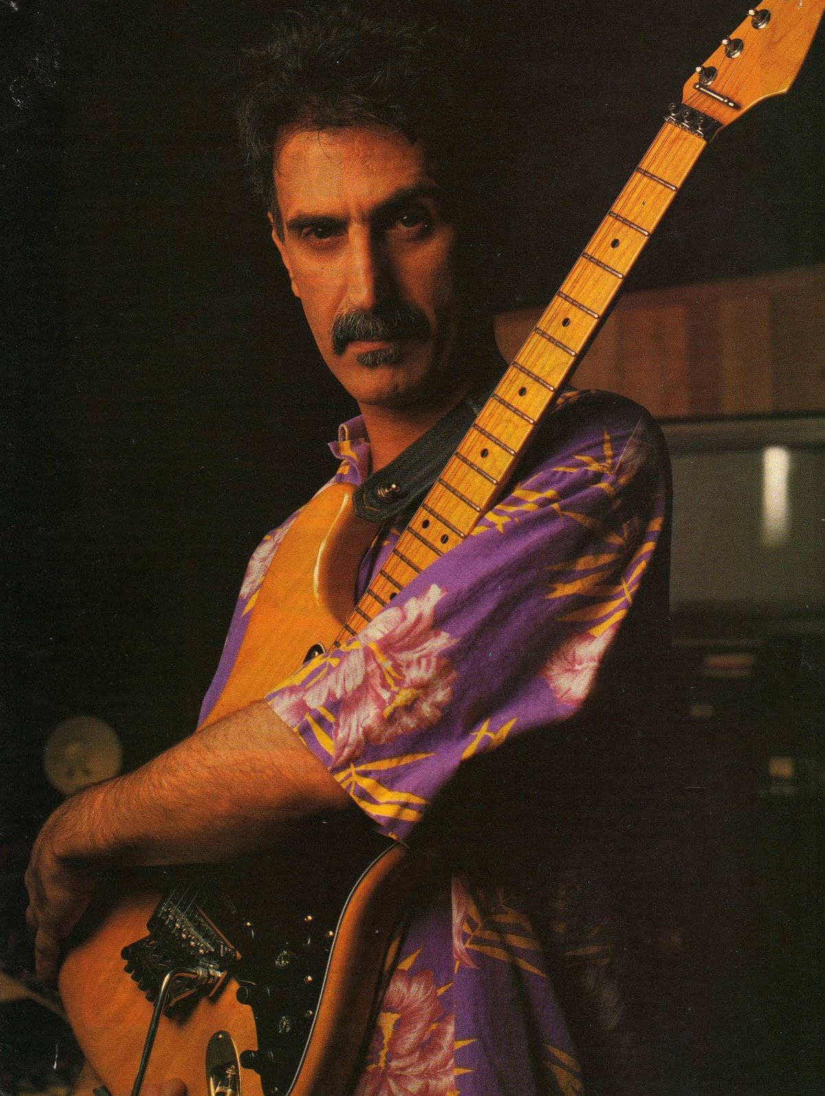 Zappa 桌布 壁紙 — 一個留鬍鬚的男人在戲劇性舞台燈光下，穿著紫色花襯衫，拿著一把 sunburst 電吉他。