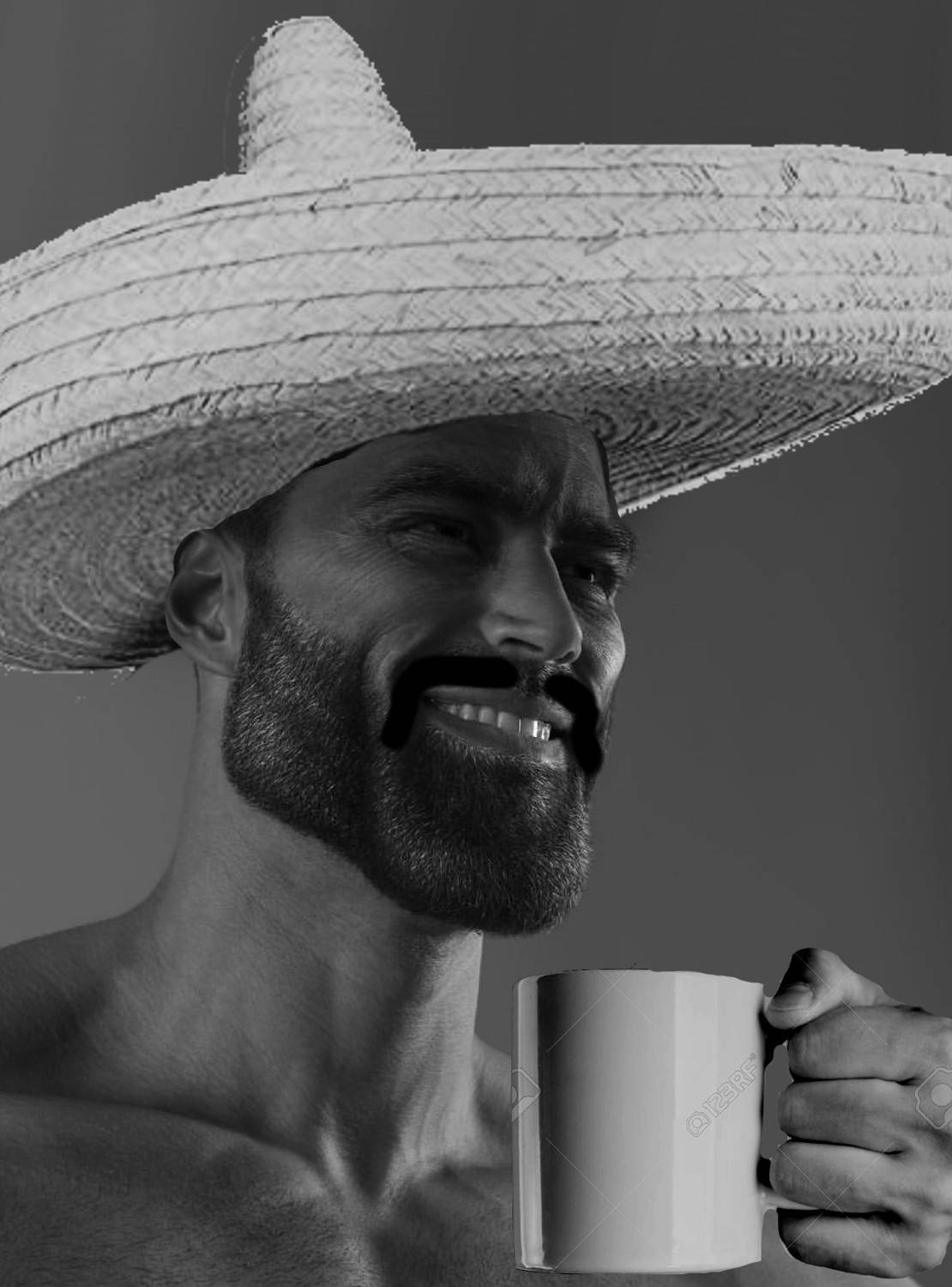 一個赤膊留鬍鬚的男人戴著寬邊帽，拿著杯子微笑。 — Giga Chad GIF 壁紙