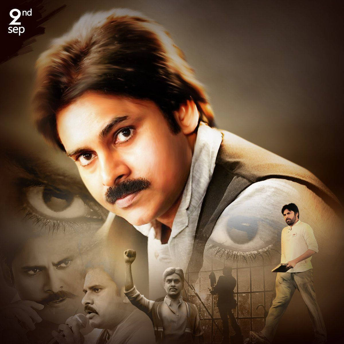 Pawan Kalyan 桌布 壁紙 — 一個留鬍鬚的男人的戲劇性肖像，周圍環繞著他強烈表情和激進主義場景的分層圖像。