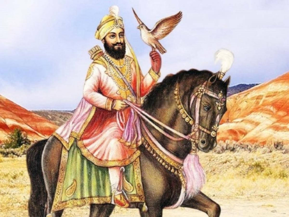 Guru Gobind Singh Ji 桌布 壁紙 — 一個留鬍鬚的男人穿著華麗的粉紅色和綠色長袍，騎著一匹黑馬穿過沙漠峽谷，一隻獵鷹棲息在他戴著手套的手上。