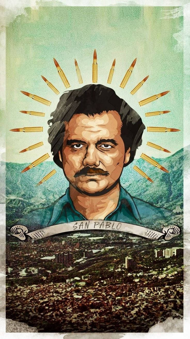 Pablo 桌布 壁紙 — 一個留鬍鬚的男士的風格化肖像，子彈像光環一樣環繞頭部，上方是標有 San Pablo 的城市景觀。
