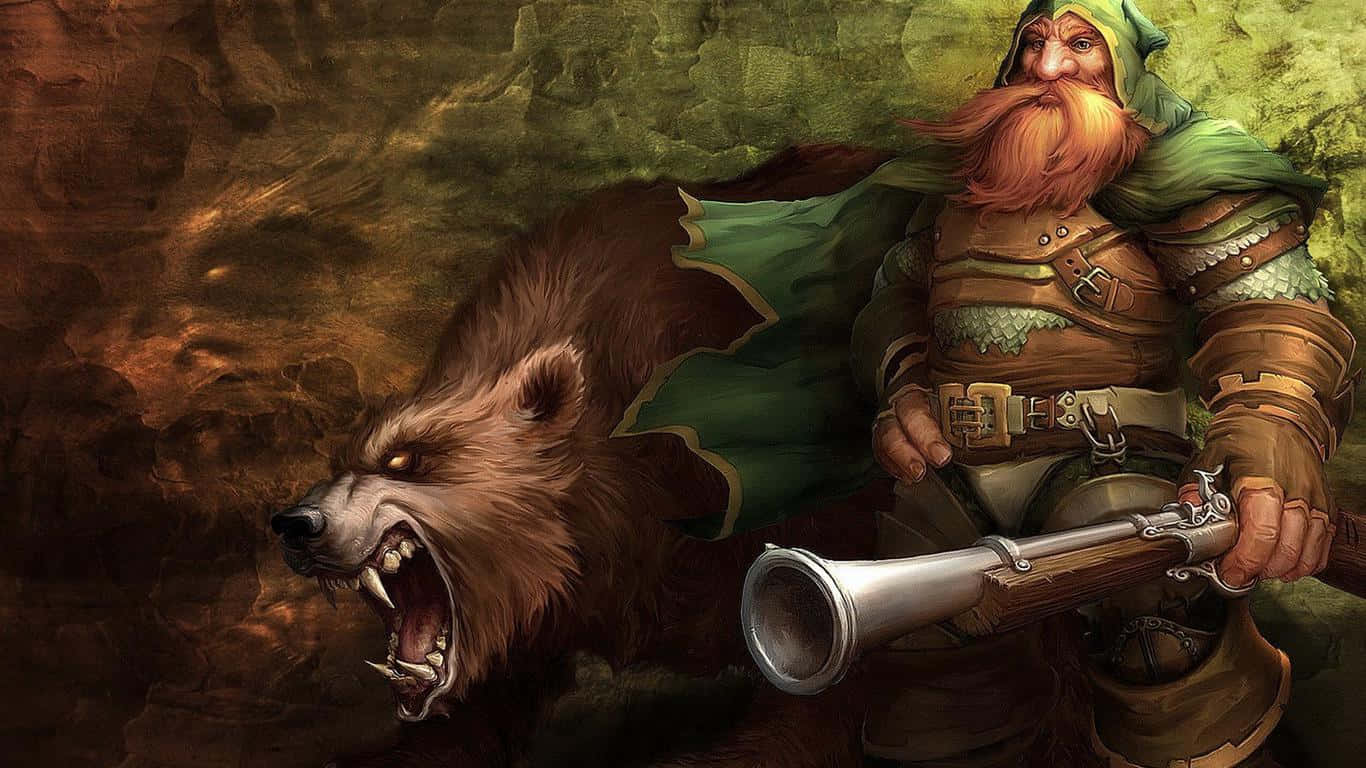 angry bear 桌布 壁紙 — 一個留鬍鬚的矮人戰士，身穿綠色斗篷和盔甲，挑釁地站在一隻咆哮的棕熊旁邊，棕熊手持燧發手槍。