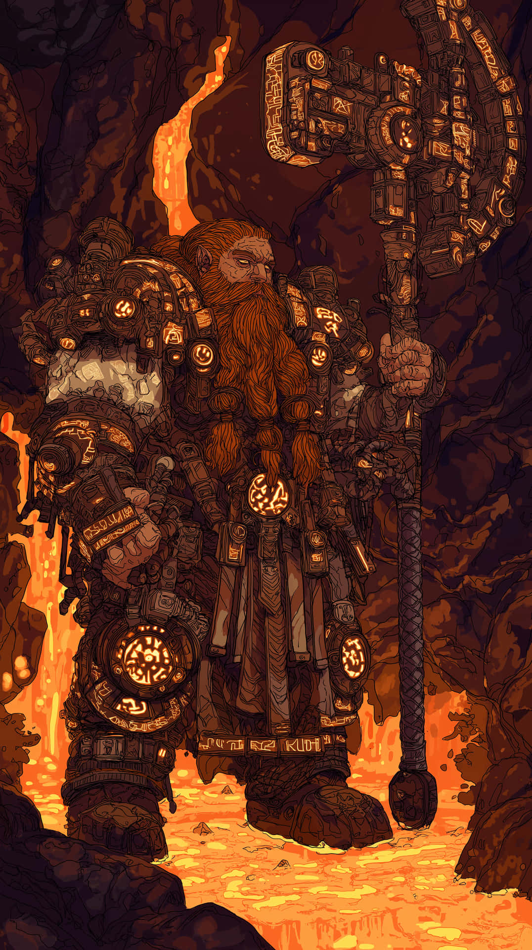 Fierce Dwarf Leader in Detailed Armor 壁紙 — 一個留鬍鬚的矮人戰士身穿華麗盔甲，站在火山洞穴中，手持一把巨大的發光斧頭。