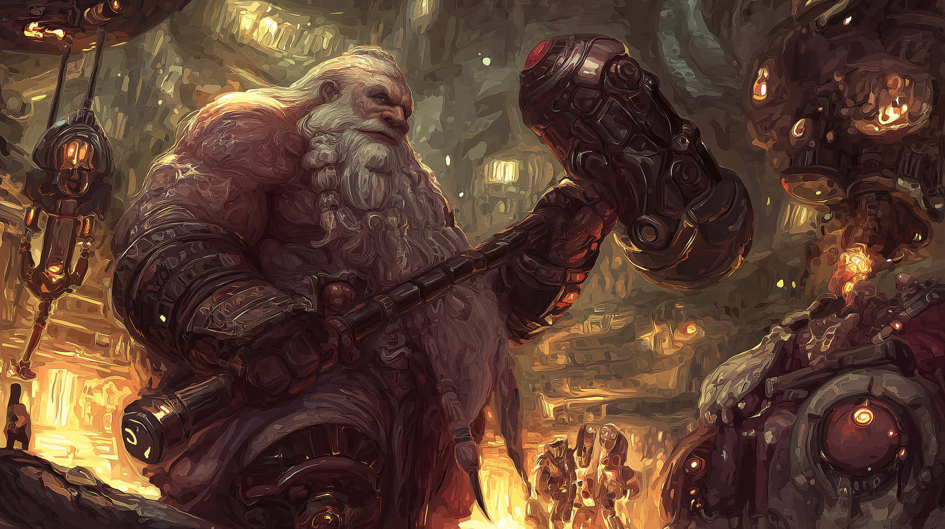 Intimidating Dwarf Warrior with Horned Helmet 壁紙 — 一個留鬍鬚的矮人穿著重型盔甲，在一個有機械構造的熾熱地下鍛造廠中揮舞著一把巨大的發光錘子。