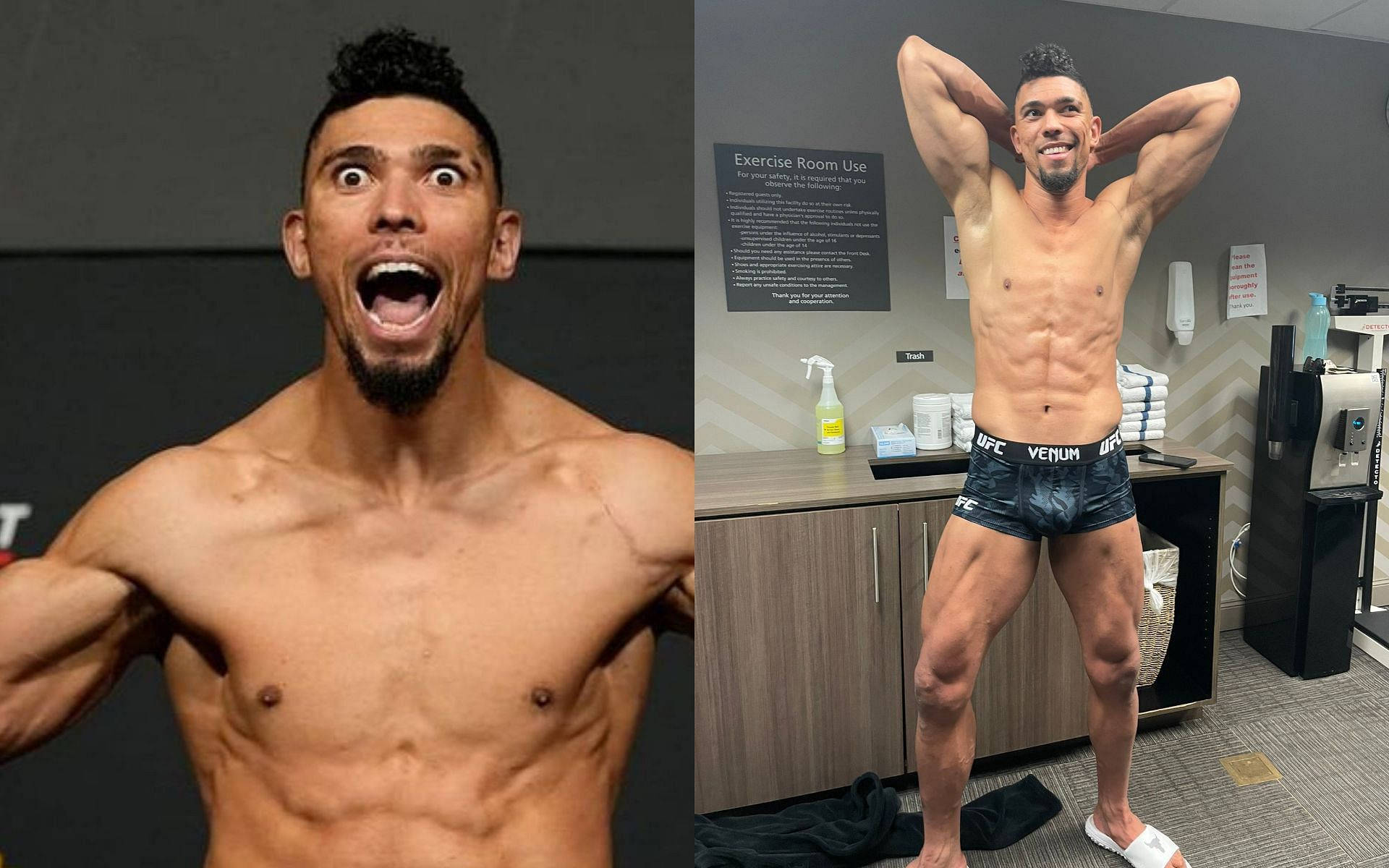 MMA 桌布 壁紙 — 一個留鬍鬚的肌肉男在一張照片中展現強烈情感，在另一張照片中則在健身房更衣室自信地擺姿勢。