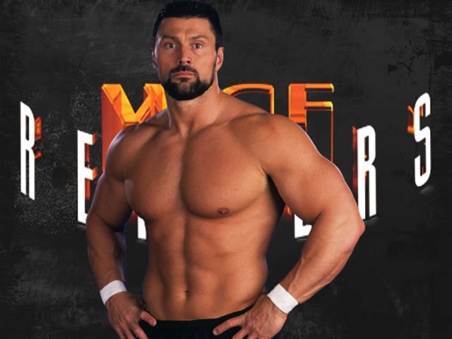 WWE 桌布 壁紙 — 一個留鬍鬚的肌肉男自信地赤裸上身，站在深色紋理牆壁前，牆上有發光的橙色和白色字母。