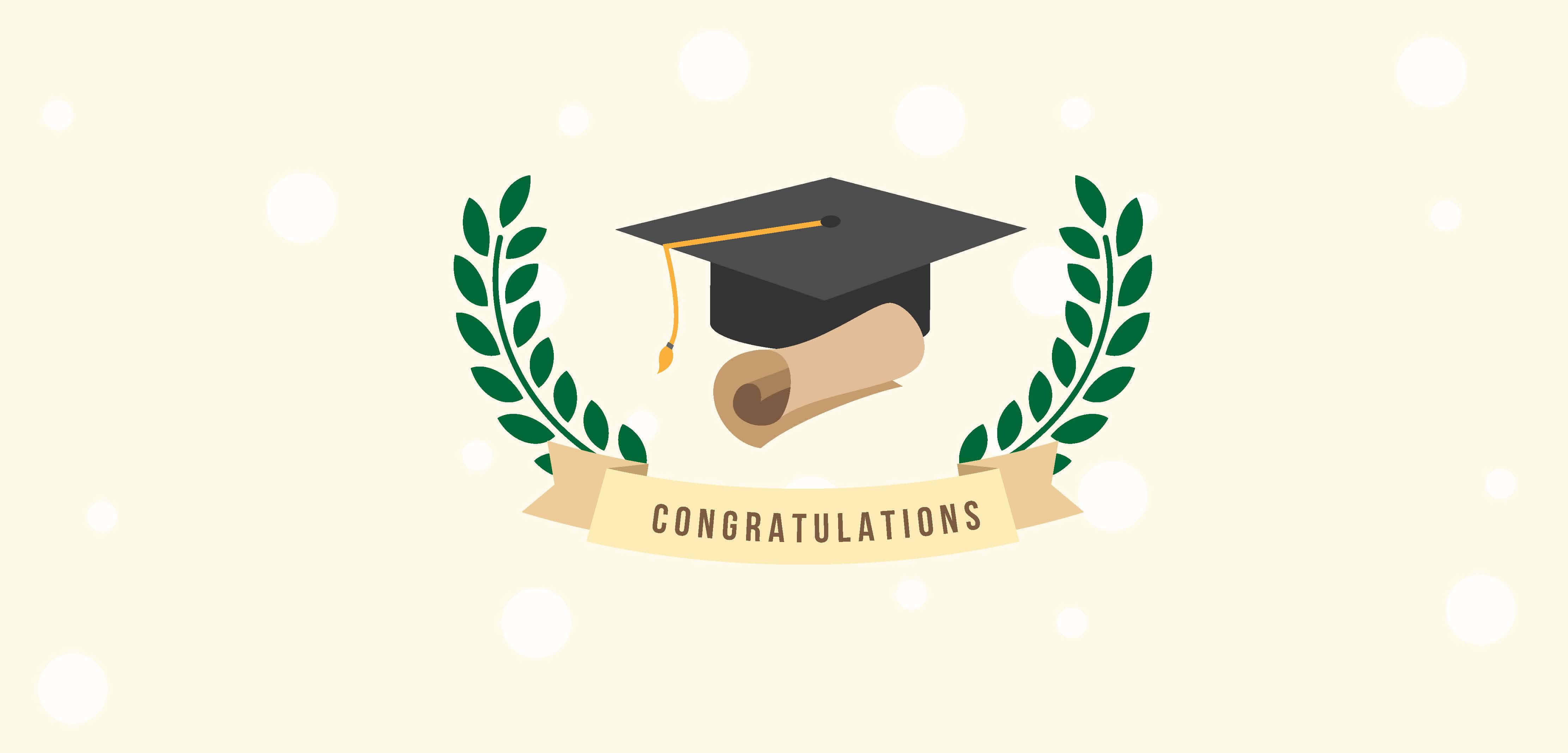 Congratulations 桌布 壁紙 — 一個畢業帽和卷軸的平面插圖，由綠色月桂花環框住，並附有祝賀橫幅。