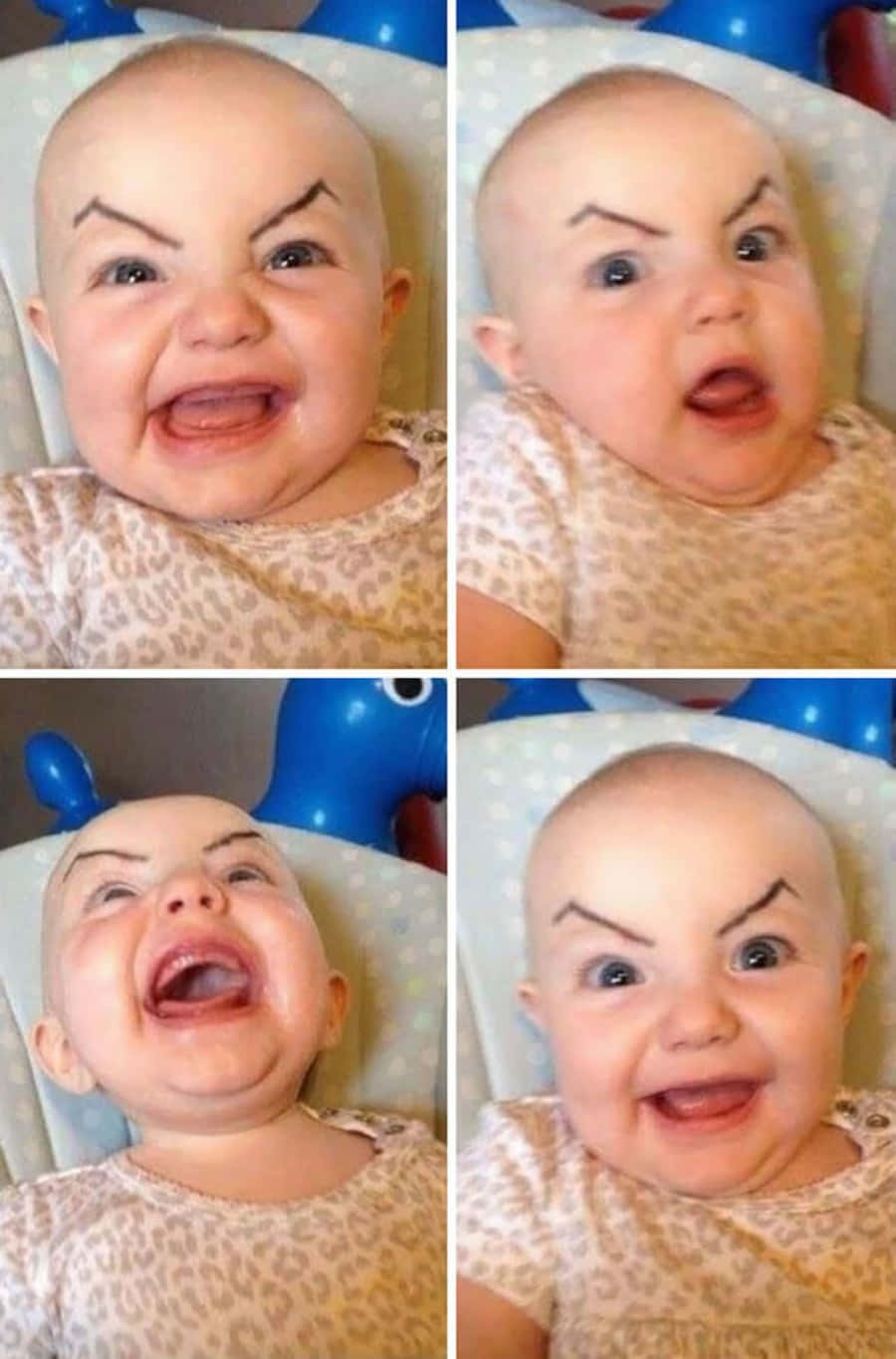 Funny Baby 桌布 壁紙 — 一個畫上憤怒眉毛的嬰兒在四格拼貼中展示一系列表情豐富的臉孔。