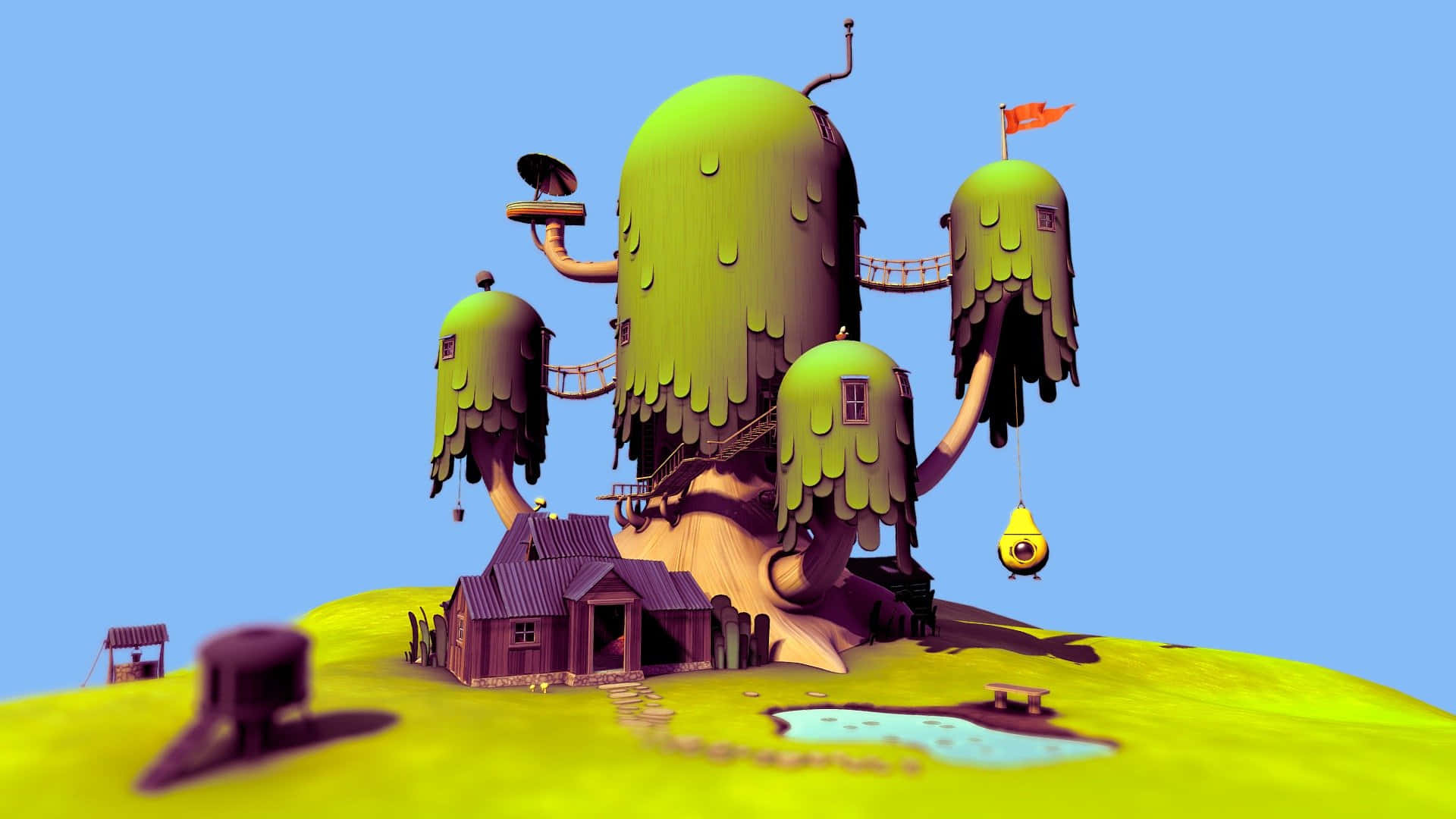 Adventure Time Cute 桌布 壁紙 — 一個異想天開的3D渲染樹屋村莊，有滴落的綠色樹葉和一個小木屋，位於明亮的黃色山丘上，在清澈的藍天下。