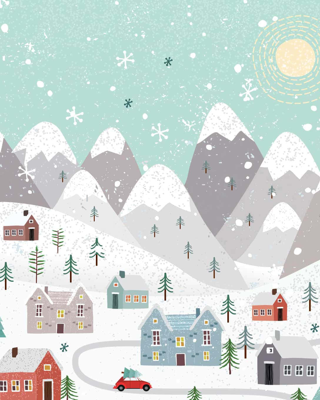 Cute Winter 桌布 壁紙 — 一個異想天開的冬季村莊，坐落在白雪覆蓋的山脈中，在青綠色的天空下，飄落的雪花和溫暖的太陽。