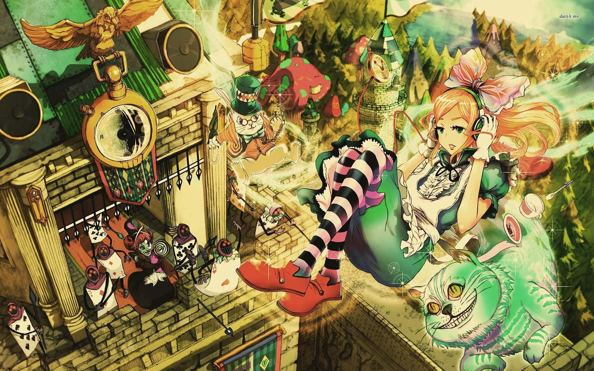 Alice Wonderland Aesthetic 桌布 壁紙 — 一個異想天開的動漫場景，一個戴著耳機的女孩躺在鐘樓頂上，周圍環繞著超現實的生物和巨大的蘑菇。