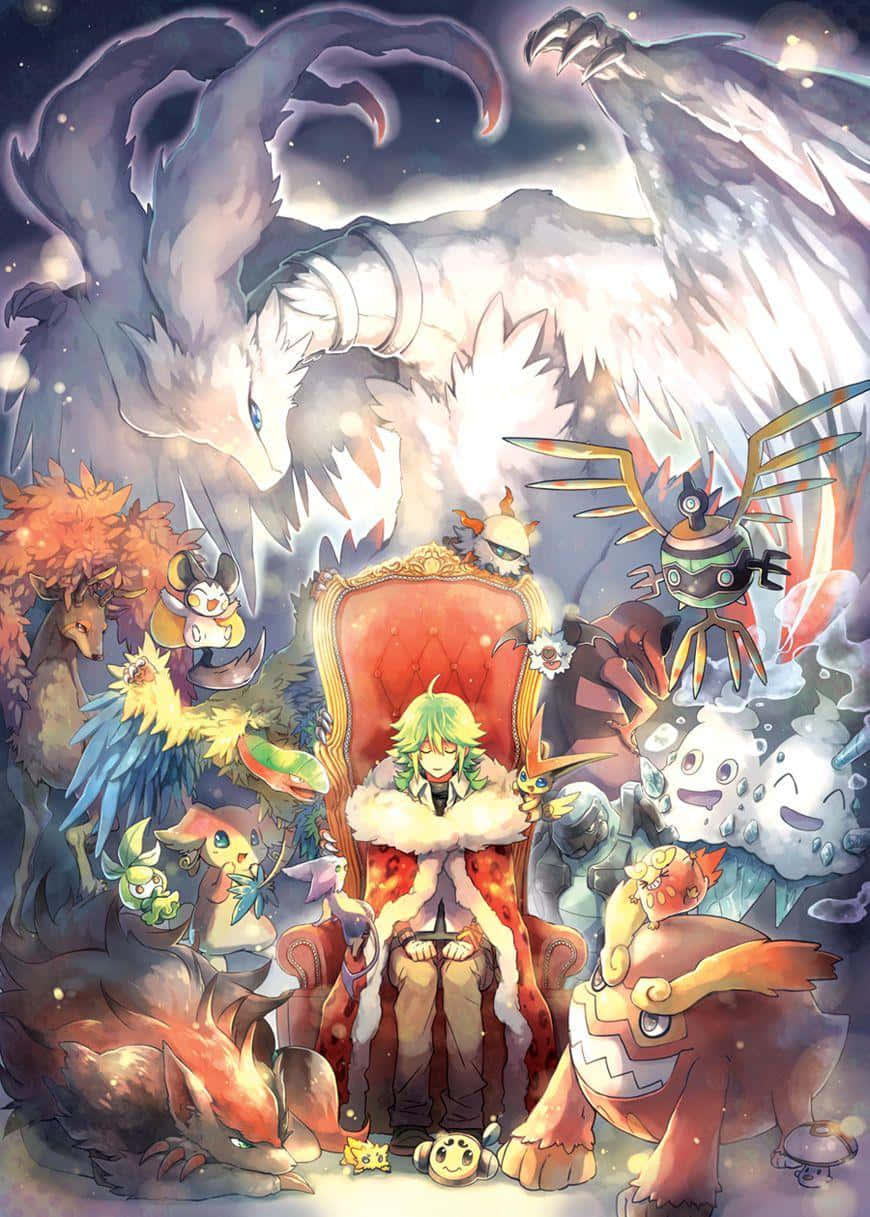 電玩遊戲 桌布 壁紙 — 一個異想天開的動漫場景，描繪一位綠髮角色坐在王座上，周圍環繞著各種寶可夢，背景是星空。
