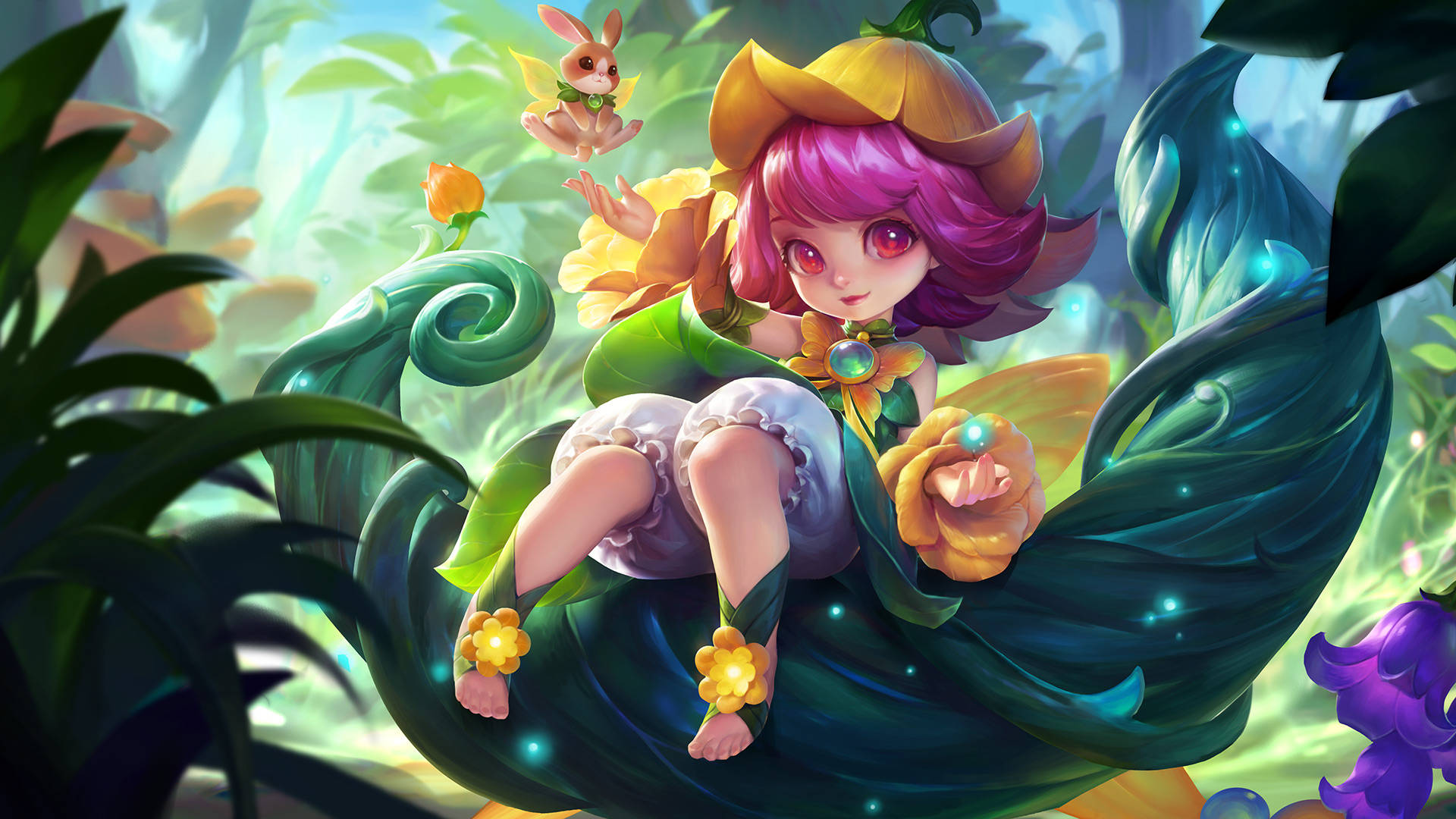 heroes 桌布 壁紙 — 一個異想天開的動漫女孩，粉紅色頭髮，戴著南瓜帽，坐在陽光普照的森林中的一片巨大葉子上，手持一朵發光的花，附近有一隻小兔子漂浮著。