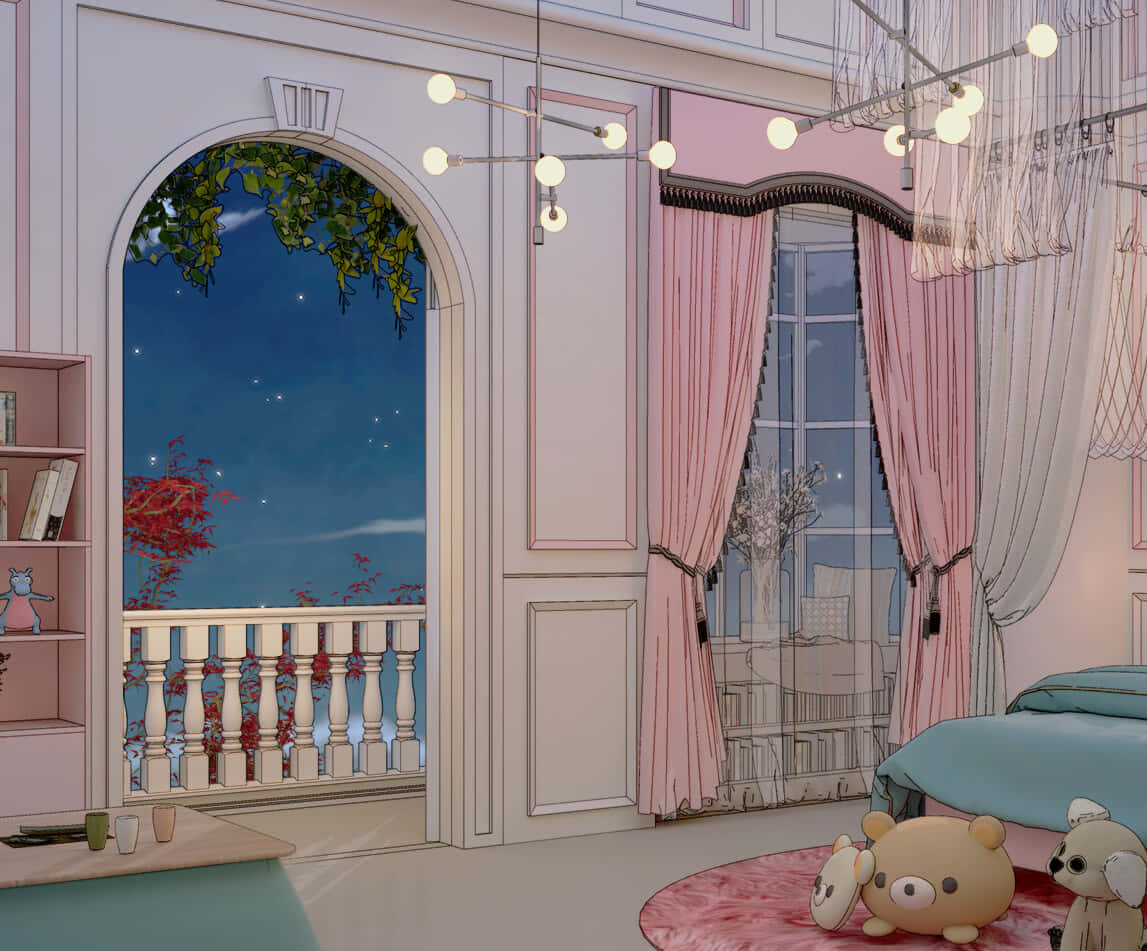 Cute Anime Bedroom 桌布 壁紙 — 一個異想天開的動漫風格臥室，配有粉紅色窗簾，透過拱形陽台門可以看到星空夜景。