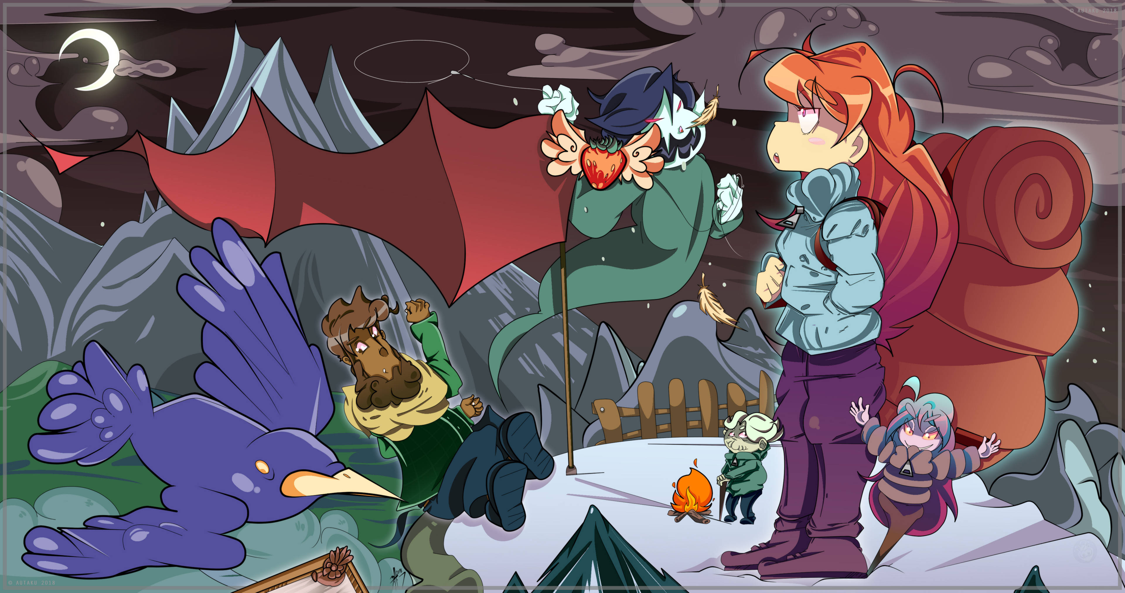 蔚藍 桌布 壁紙 — 一個異想天開的動畫團體在雪山谷中，在彎月下與龍和巨鳥露營。