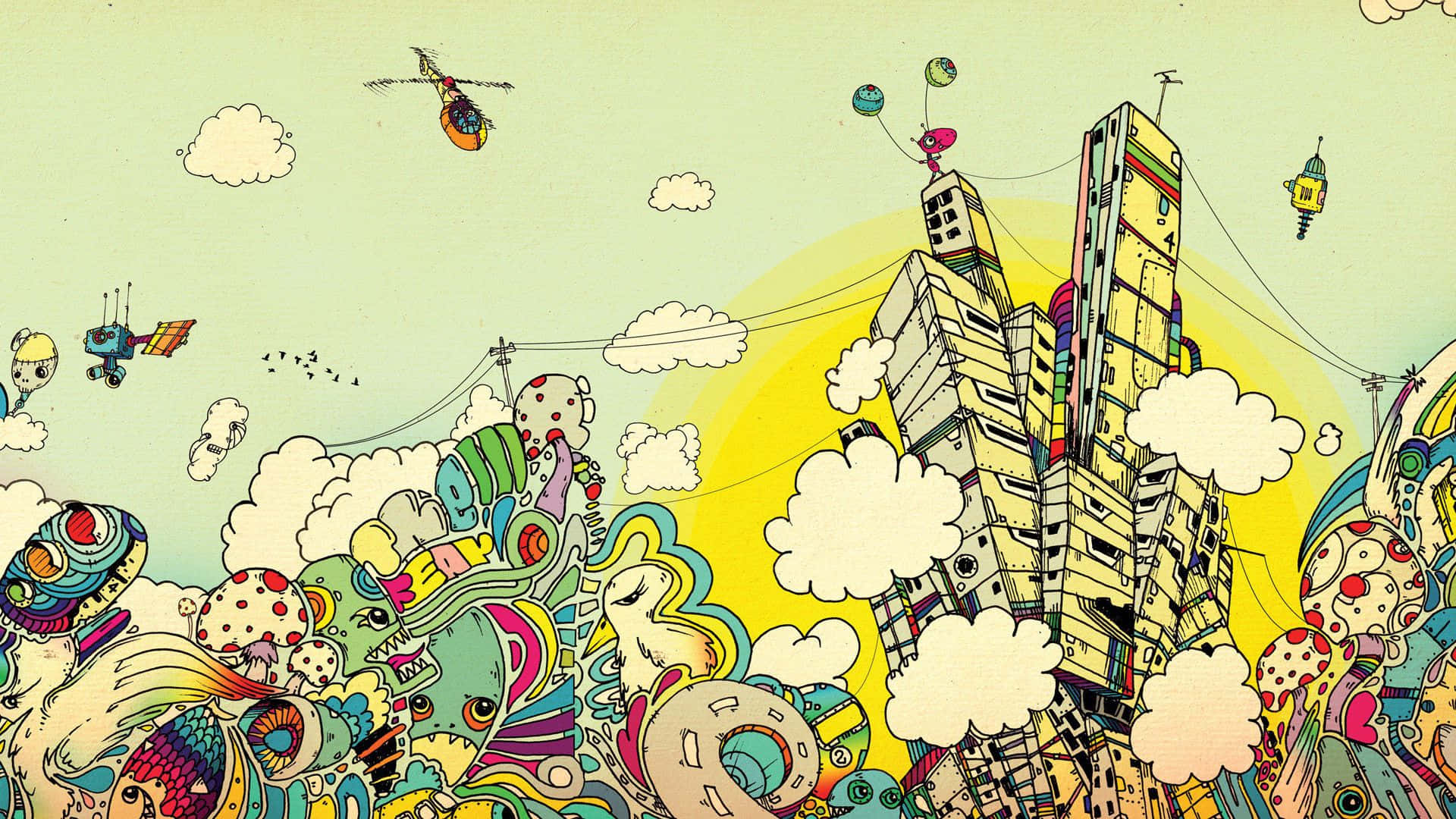 Drawing Desktop 桌布 壁紙 — 一個異想天開的卡通城市景觀，有漂浮的建築物和古怪的飛行生物，背景是粉彩色的天空。