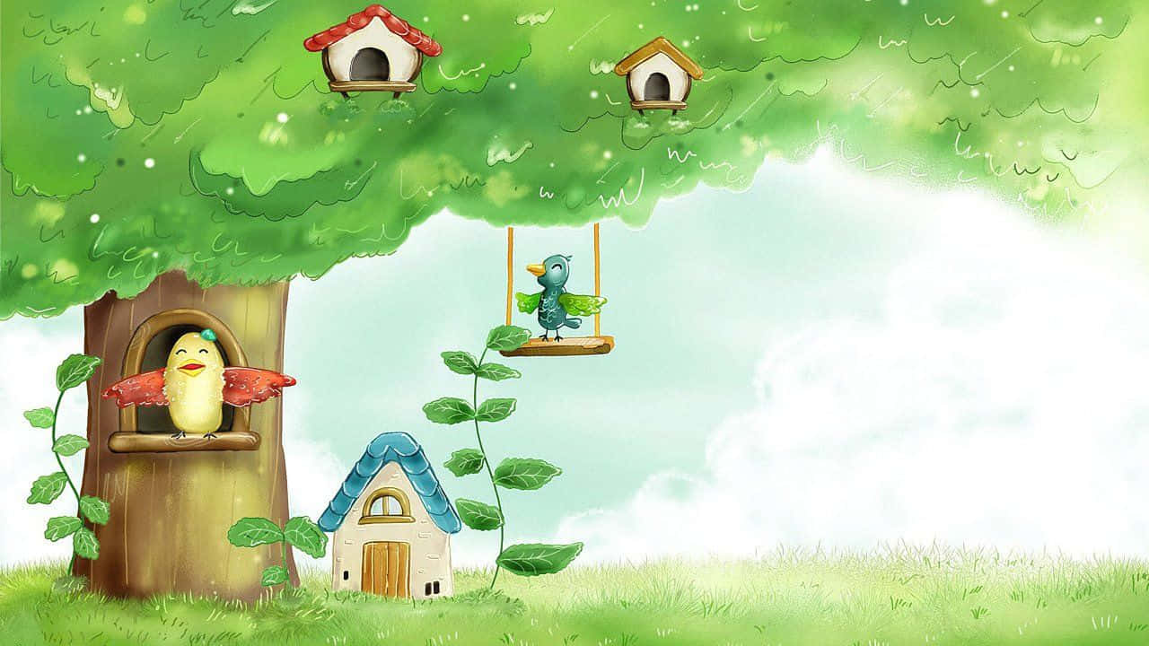 藝術 桌布 壁紙 — 一個異想天開的卡通場景，樹屋裡有一隻黃色小鳥，鞦韆上有一隻藍色小鳥，在茂密的綠色樹冠下。