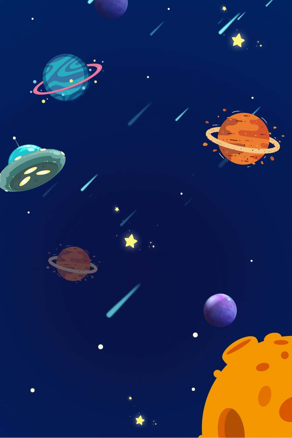 Cartoon Space 桌布 壁紙 — 一個異想天開的卡通太空場景，有色彩繽紛的行星、環、星星，以及一個在流星中漂浮的UFO。