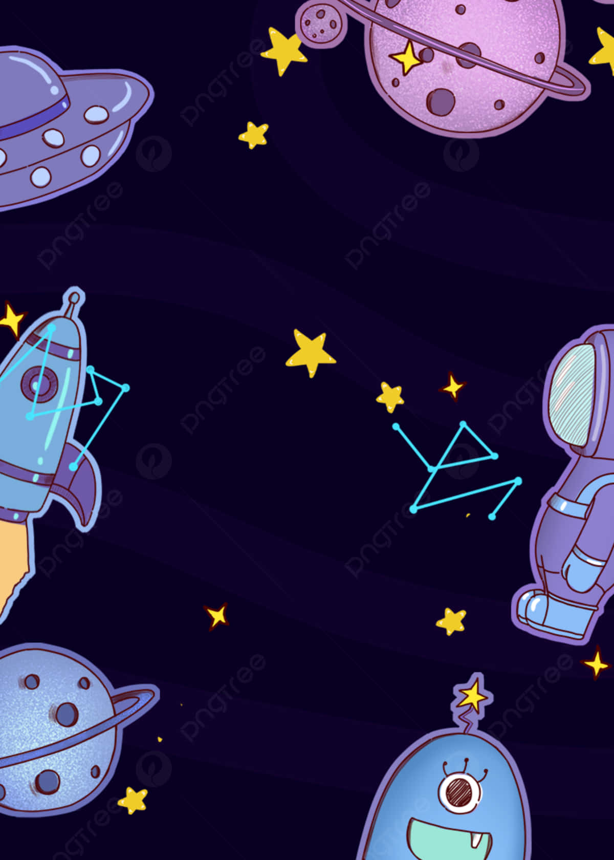 Animated Space 桌布 壁紙 — 一個異想天開的卡通太空場景，紫色外星人、火箭、行星和星星在黑暗的宇宙背景下漂浮。
