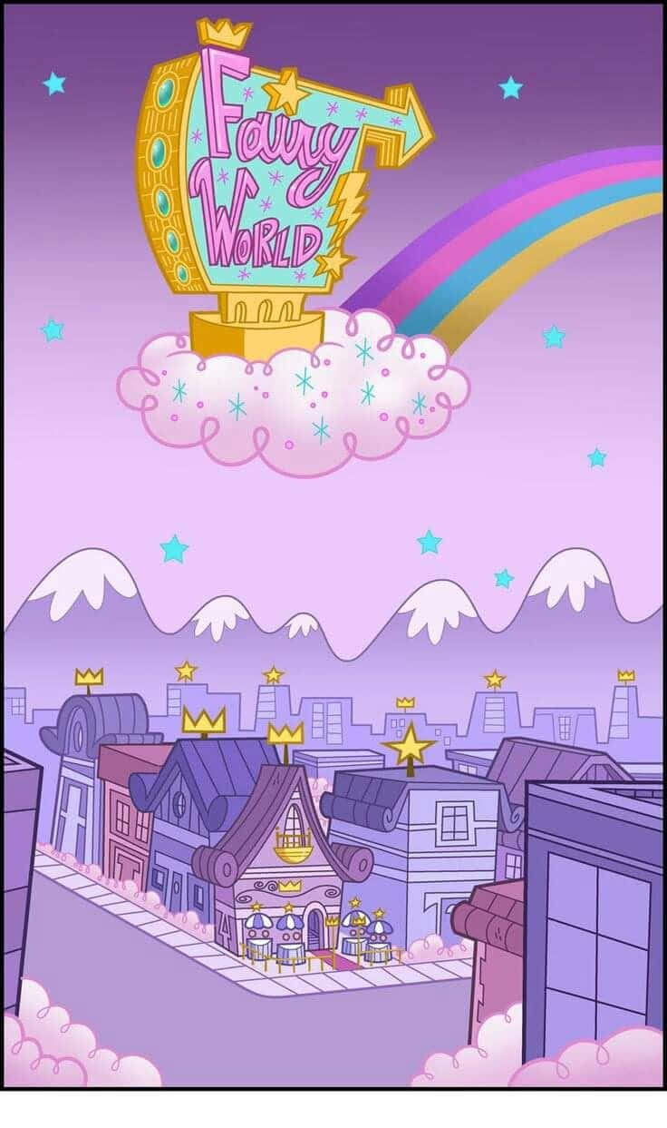 Wubba Lubba Dub Dub 桌布 壁紙 — 一個異想天開的卡通小鎮，擁有紫色屋頂和皇冠，漂浮在雲端上，下方有彩虹和「Fairy World」標誌。