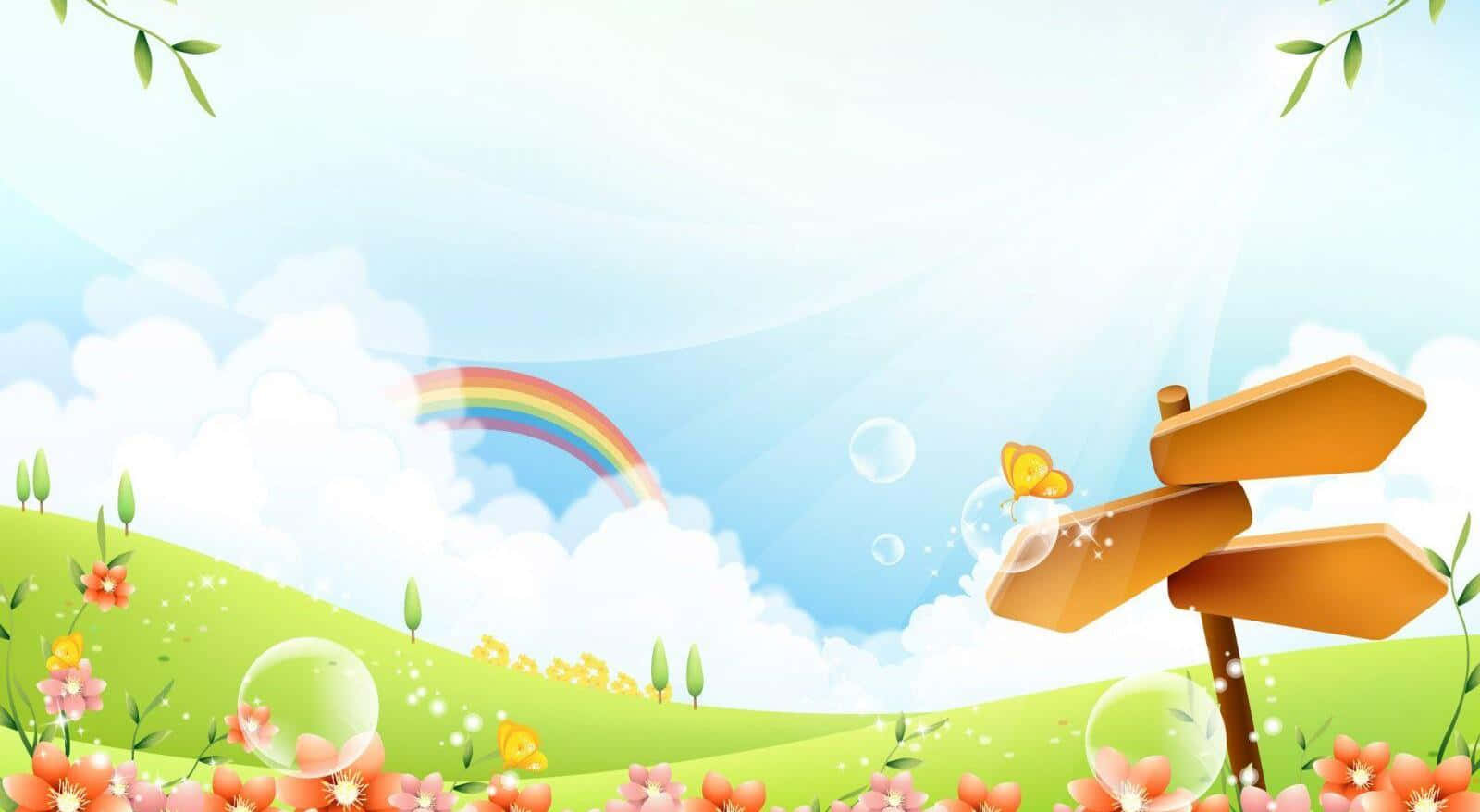 小孩動圖 桌布 壁紙 — 一個異想天開的卡通景觀，有木製路標、彩虹、泡泡和花朵，在明亮的藍天下。