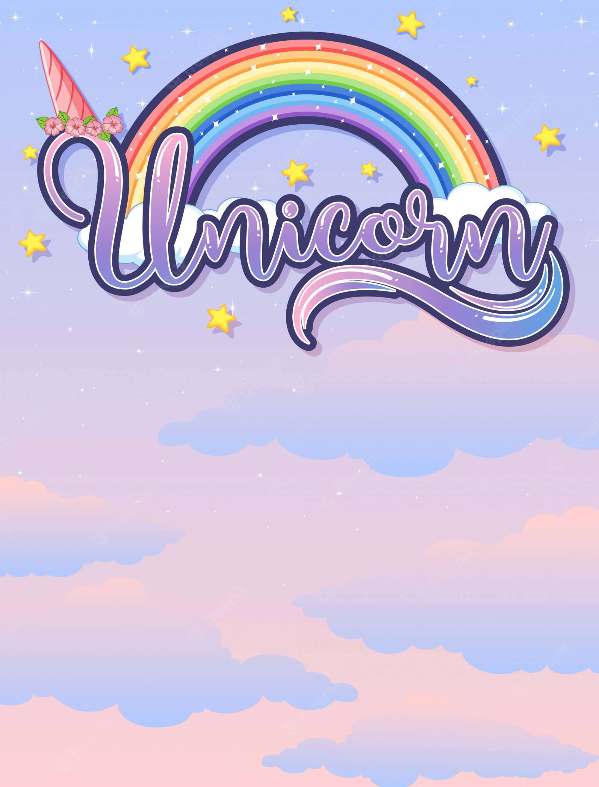 Pastel Unicorn 桌布 壁紙 — 一個異想天開的卡通獨角獸角裝飾著一道彩虹，拱形在粉彩雲朵和閃爍星星之上，襯托著夢幻的天空。