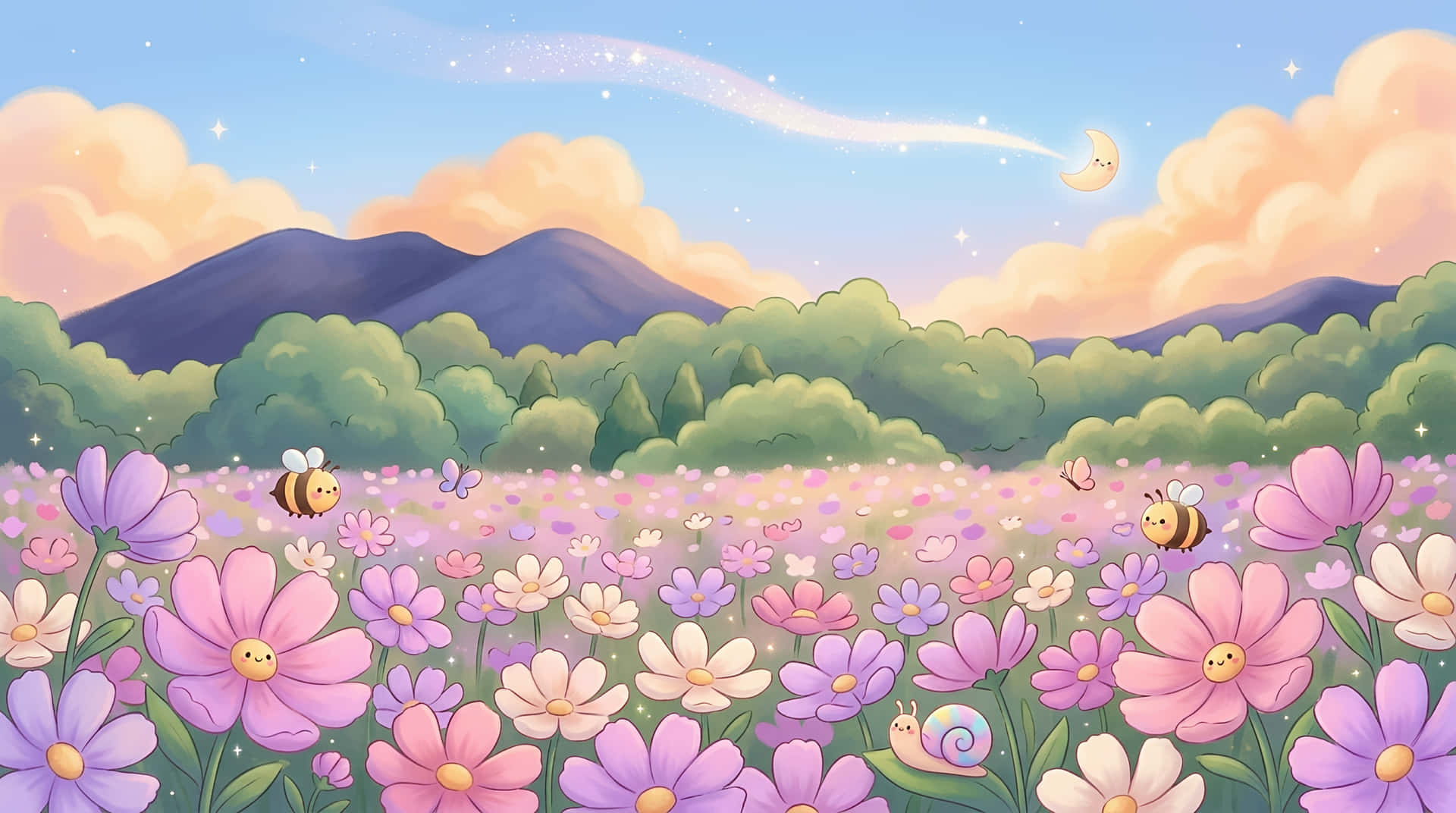 Whimsical Kawaii Flower Field at Dusk with Shooting Star 壁紙 — 一個異想天開的卡通田野，開滿粉紅色和紫色的花朵，有微笑的蜜蜂和一隻蝸牛，天空中有新月和流星。