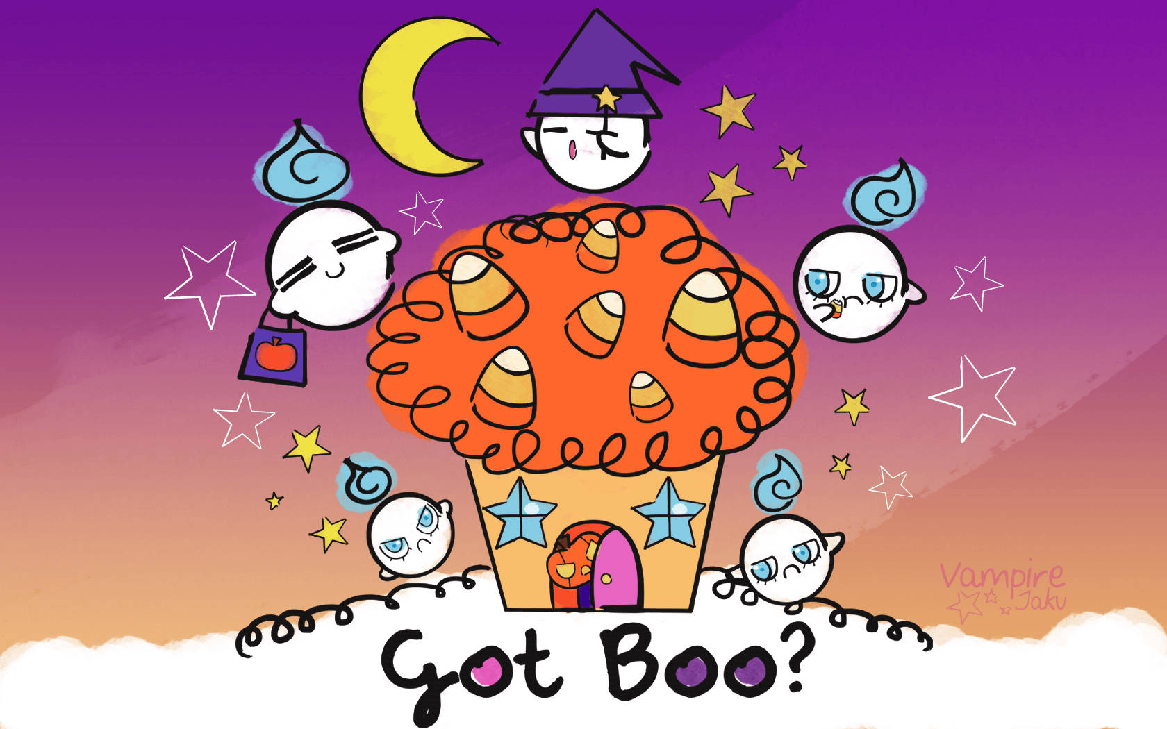 Kawaii Halloween 桌布 壁紙 — 一個異想天開的卡通紙杯蛋糕屋，有糖果玉米樹和漂浮的幽靈角色，位於新月和星星下。