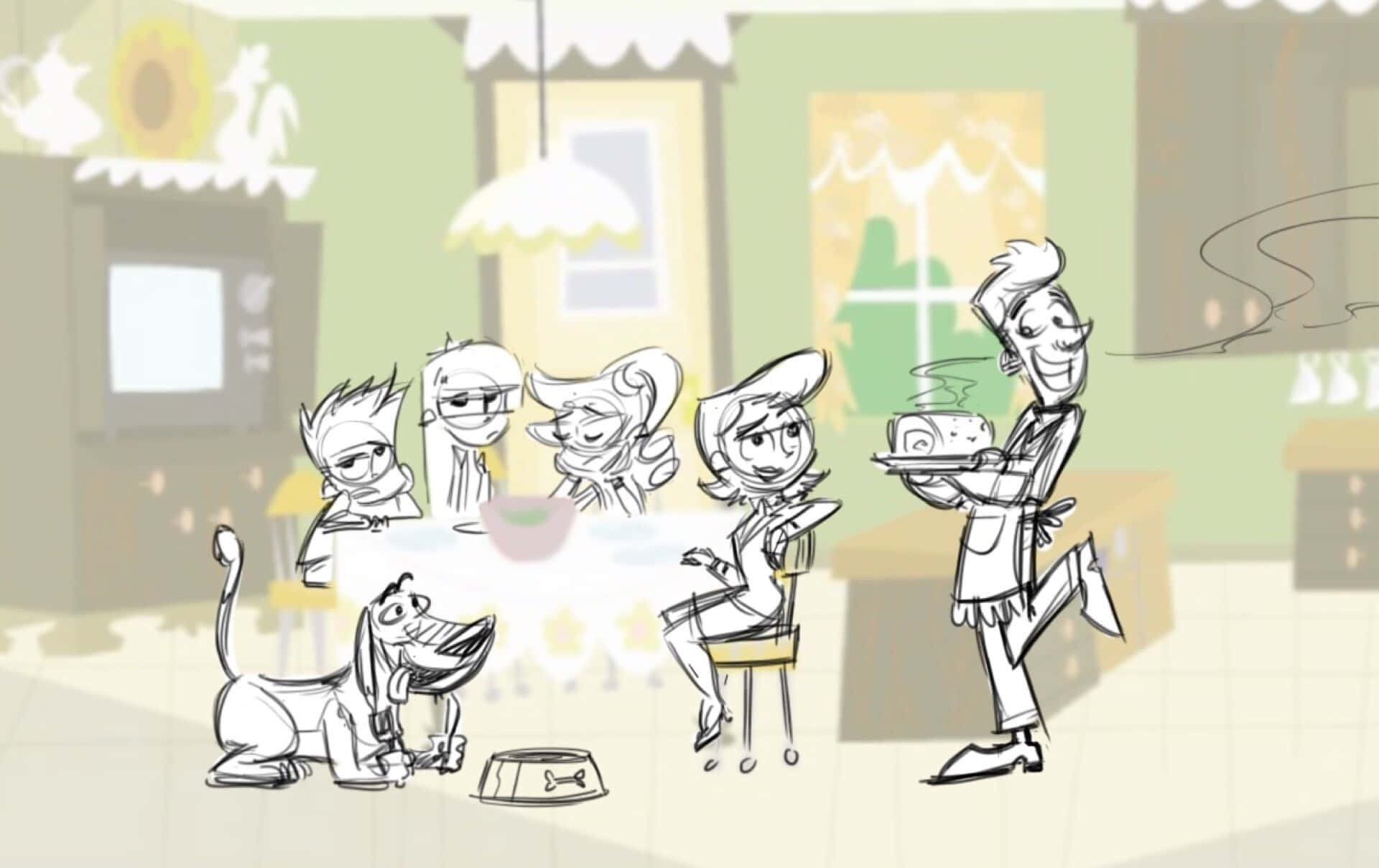 Johnny Test 桌布 壁紙 — 一個異想天開的卡通素描，描繪一家人和一隻狗在舒適的咖啡館用餐，侍者正在上蛋糕。