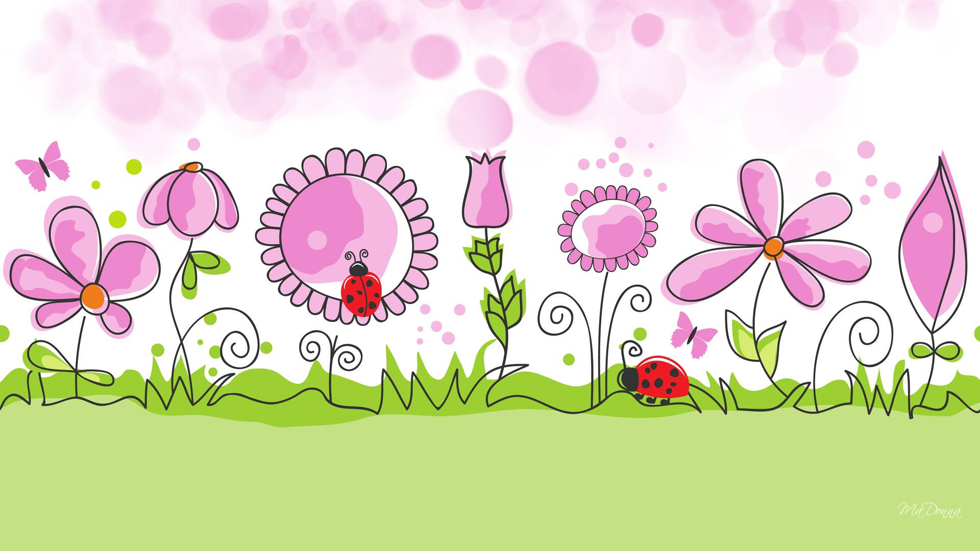 Cute Spring 桌布 壁紙 — 一個異想天開的卡通花園，有粉紅色的花朵、綠色的草地和瓢蟲，在柔和的粉紅色泡泡天空下。