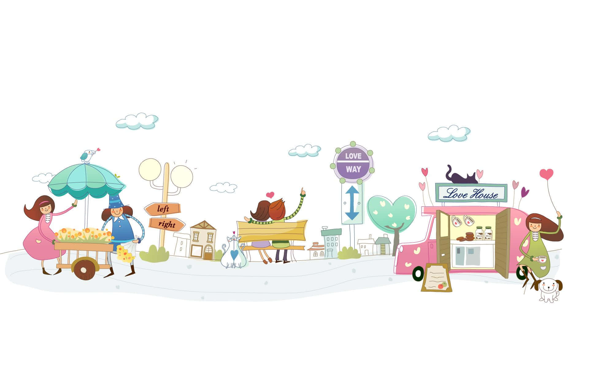 graphic design 桌布 壁紙 — 一個異想天開的卡通街景，有花車、粉紅色餐車和玩樂角色，在粉彩雲朵下。
