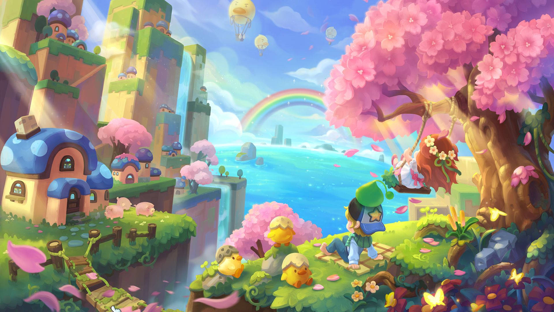Maplestory 2 桌布 壁紙 — 一個異想天開的卡通風景，一個孩子在粉紅色櫻花樹下的鞦韆上，旁邊有蘑菇屋和水上的彩虹。