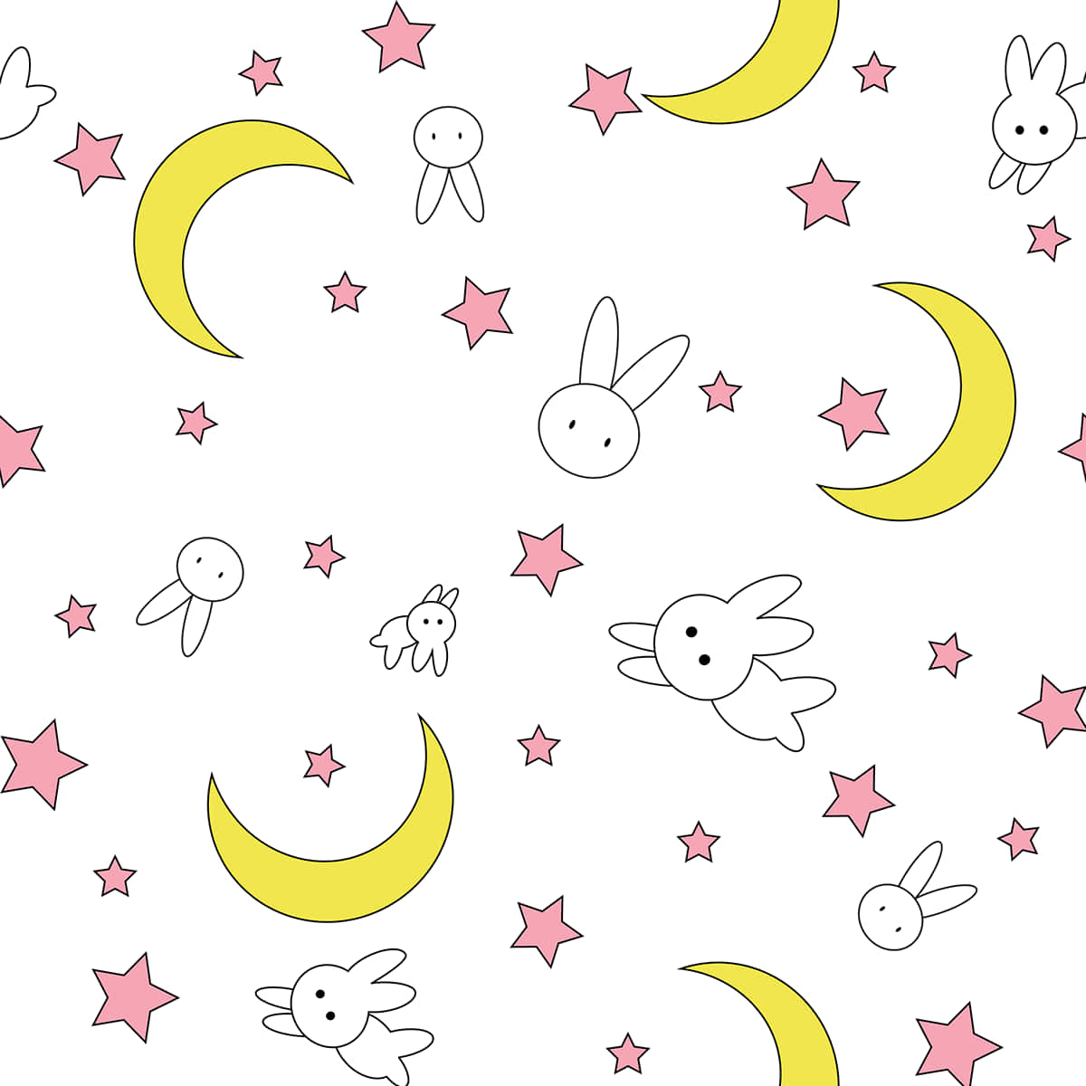 美少女戰士 桌布 壁紙 — 一個異想天開的圖案，由黃色新月、粉紅色星星和簡單的白色兔子角色漂浮在乾淨的白色背景上。